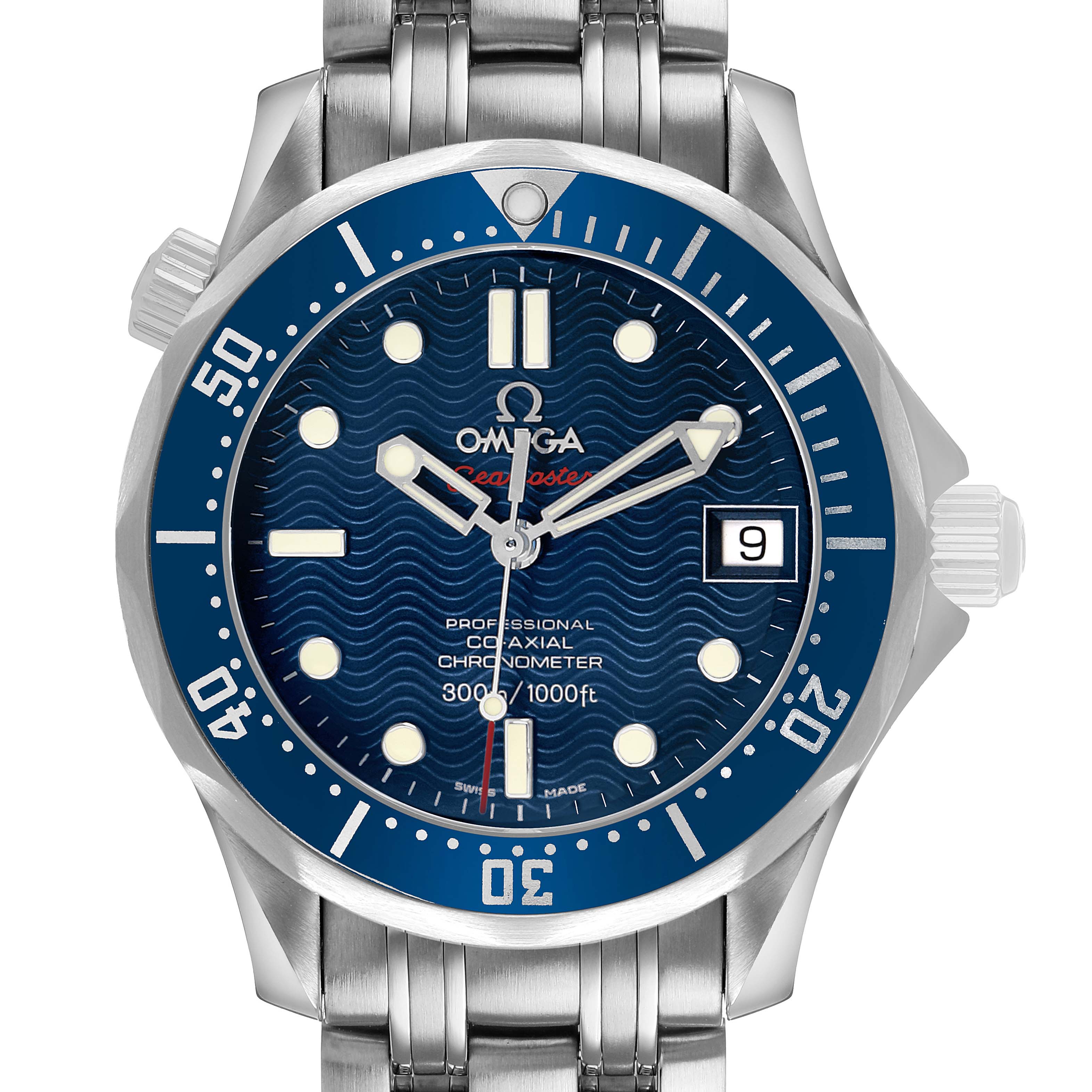The Omega Seamaster 2222.80.00 Men's Stainless Steel Blue Dial watch is shown from the front, including the dial, bezel, crown, and part of the bracelet.