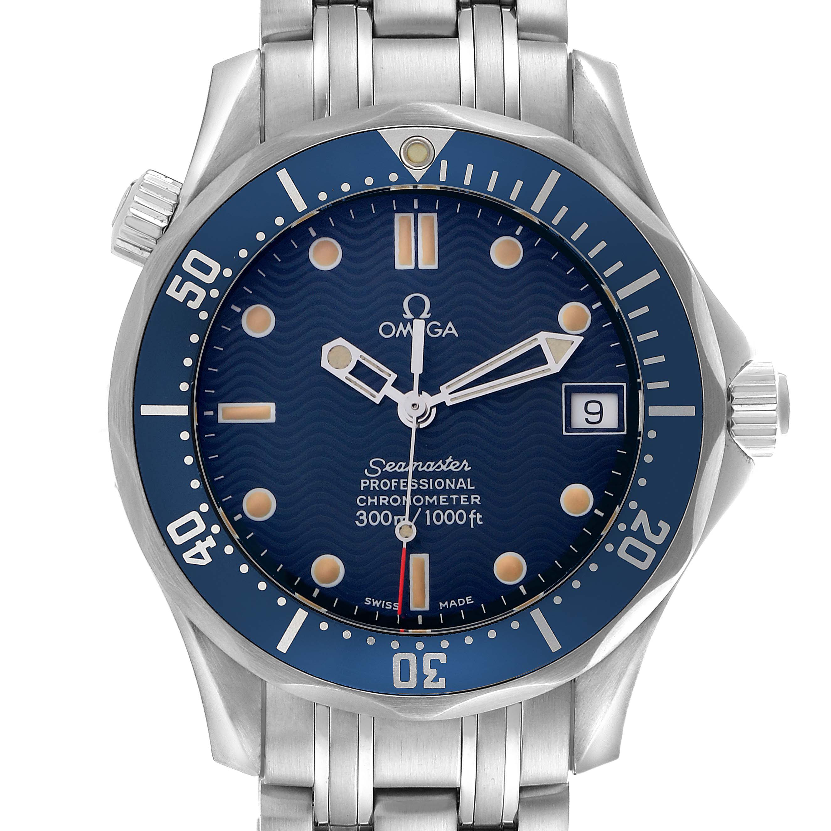 The Omega Seamaster 2551.80.00 Men
s Stainless Steel Blue Dial 2551.80.00 Men
s Stainless Steel Blue Dial watch is shown from a front view displaying the dial, bezel, and part of the bracelet.