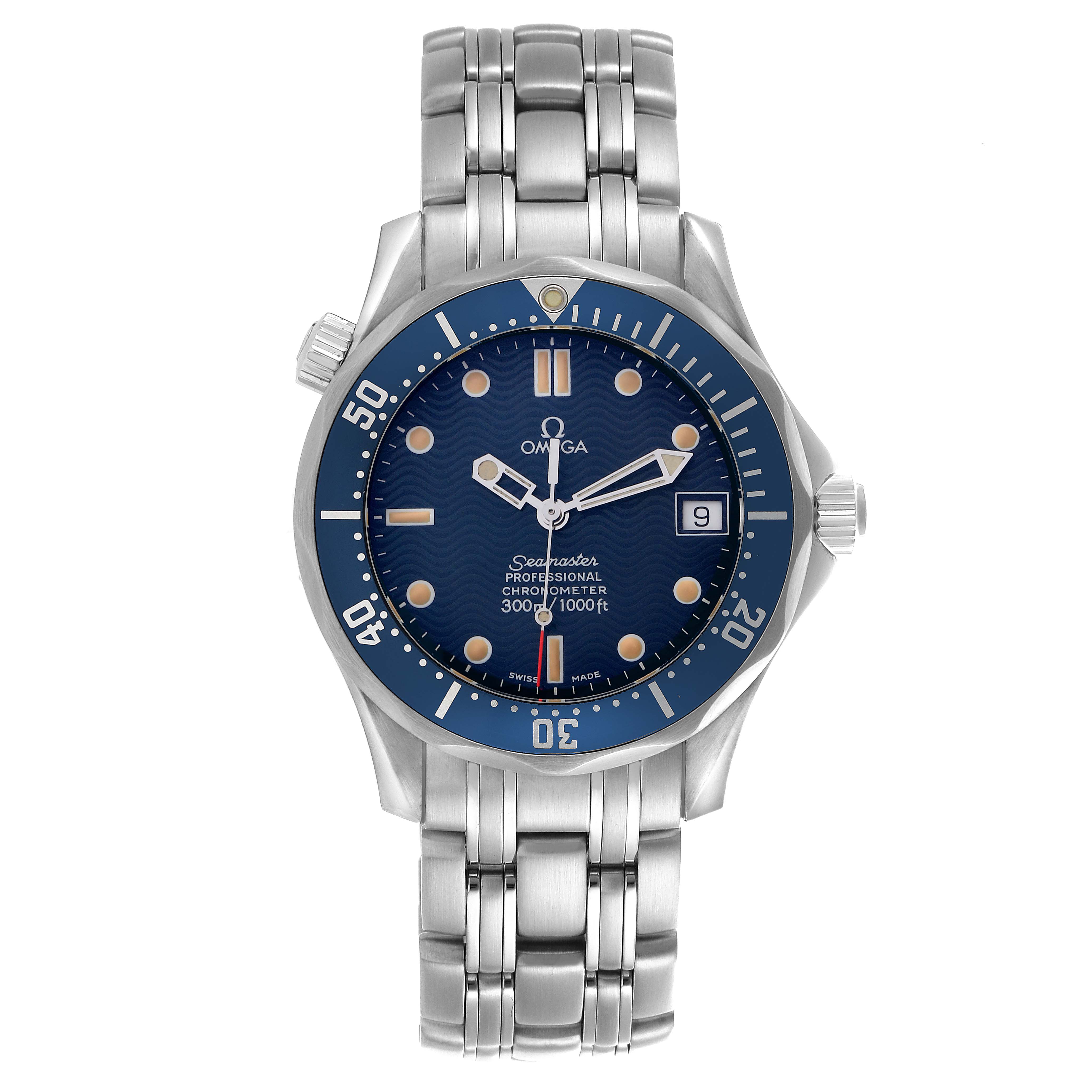 The Omega Seamaster 2551.80.00 Men
s Stainless Steel Blue Dial 2551.80.00 Men
s Stainless Steel Blue Dial watch is shown from a top-down angle, displaying the bezel, dial, hands, hour markers, and bracelet.