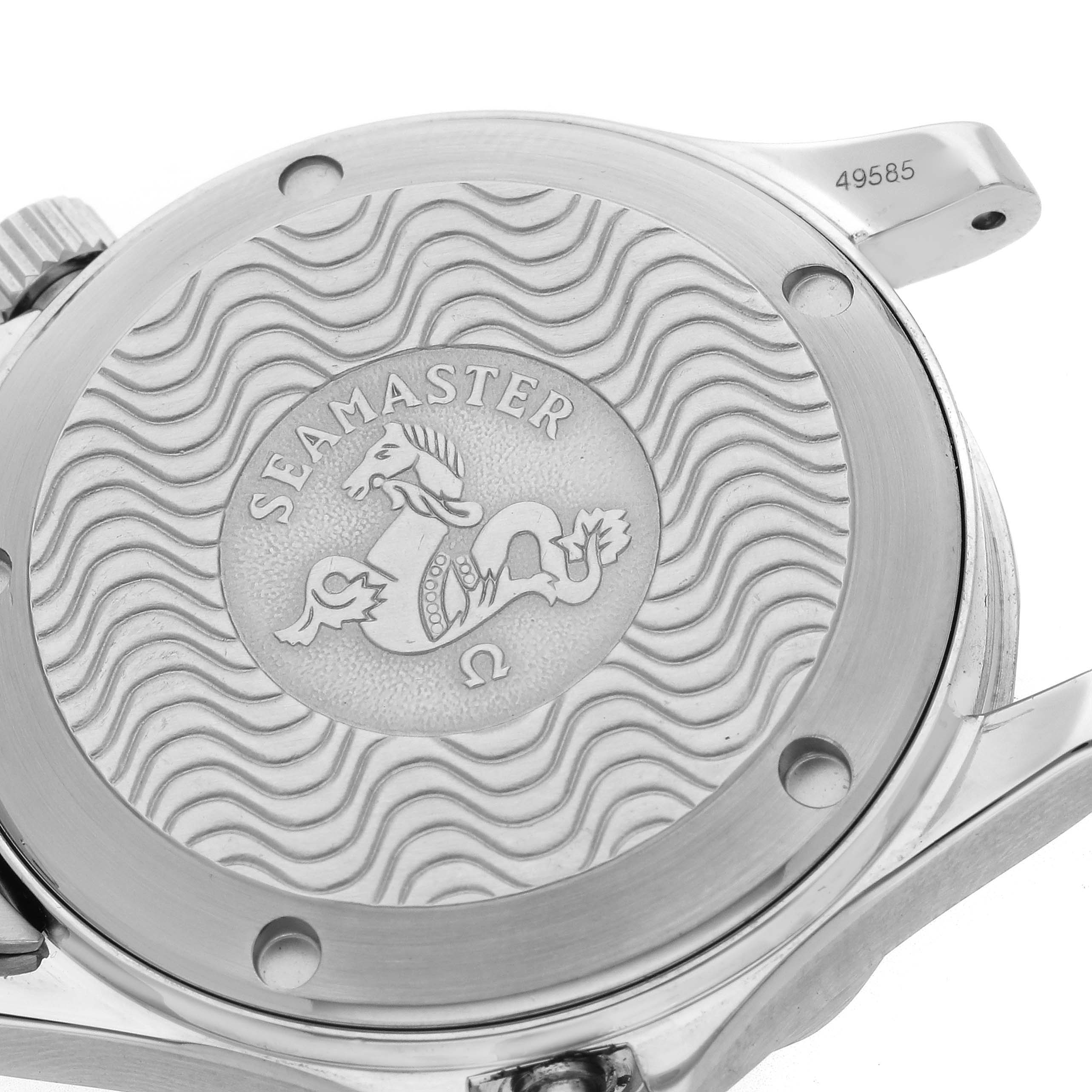 The image shows the engraved case back of an Omega Seamaster 2551.80.00 Men
s Stainless Steel Blue Dial 2551.80.00 Men
s Stainless Steel Blue Dial watch from a top-down angle.