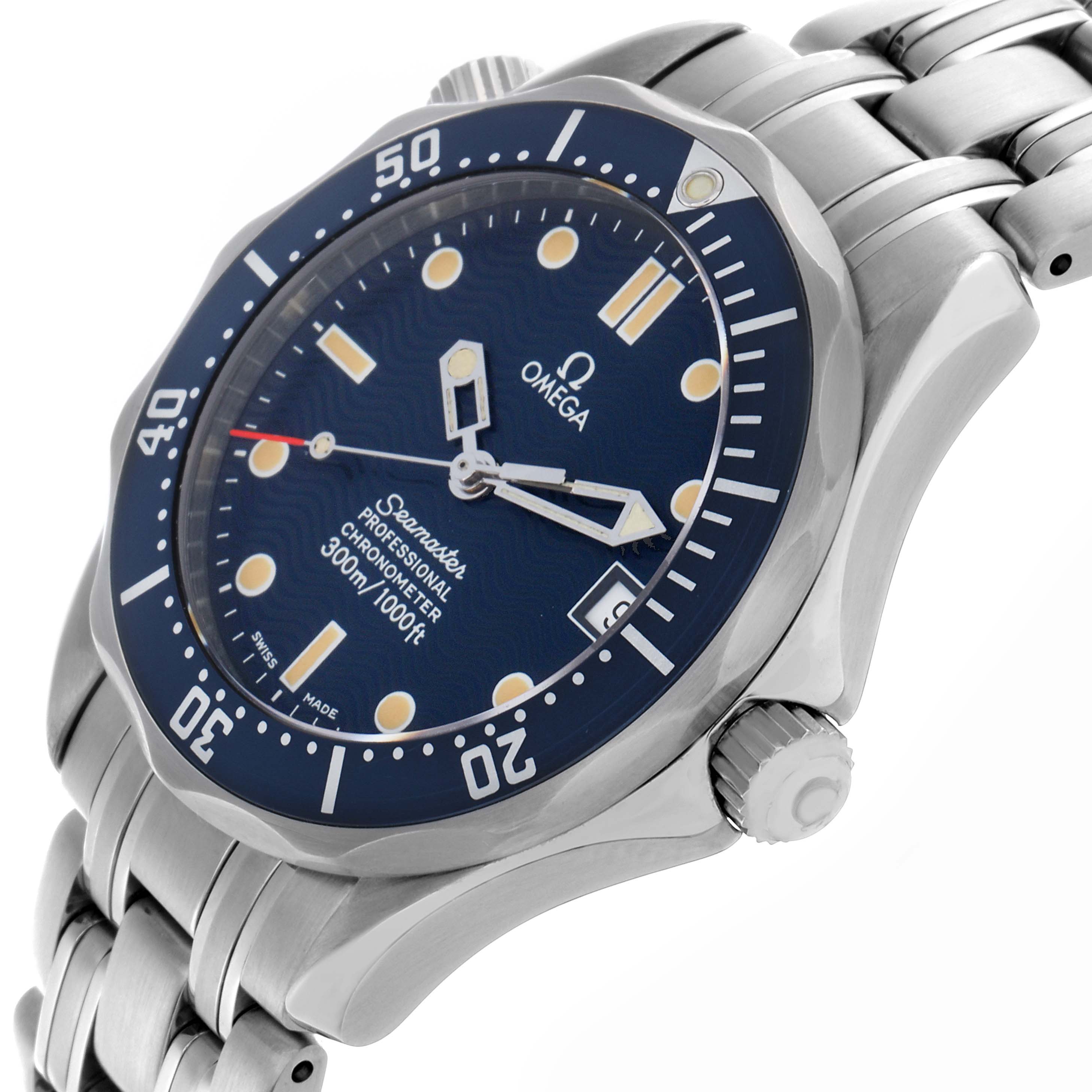 The Omega Seamaster 2551.80.00 Men
s Stainless Steel Blue Dial 2551.80.00 Men
s Stainless Steel Blue Dial watch is shown from an angled perspective highlighting the face, crown, bezel, and part of the bracelet.