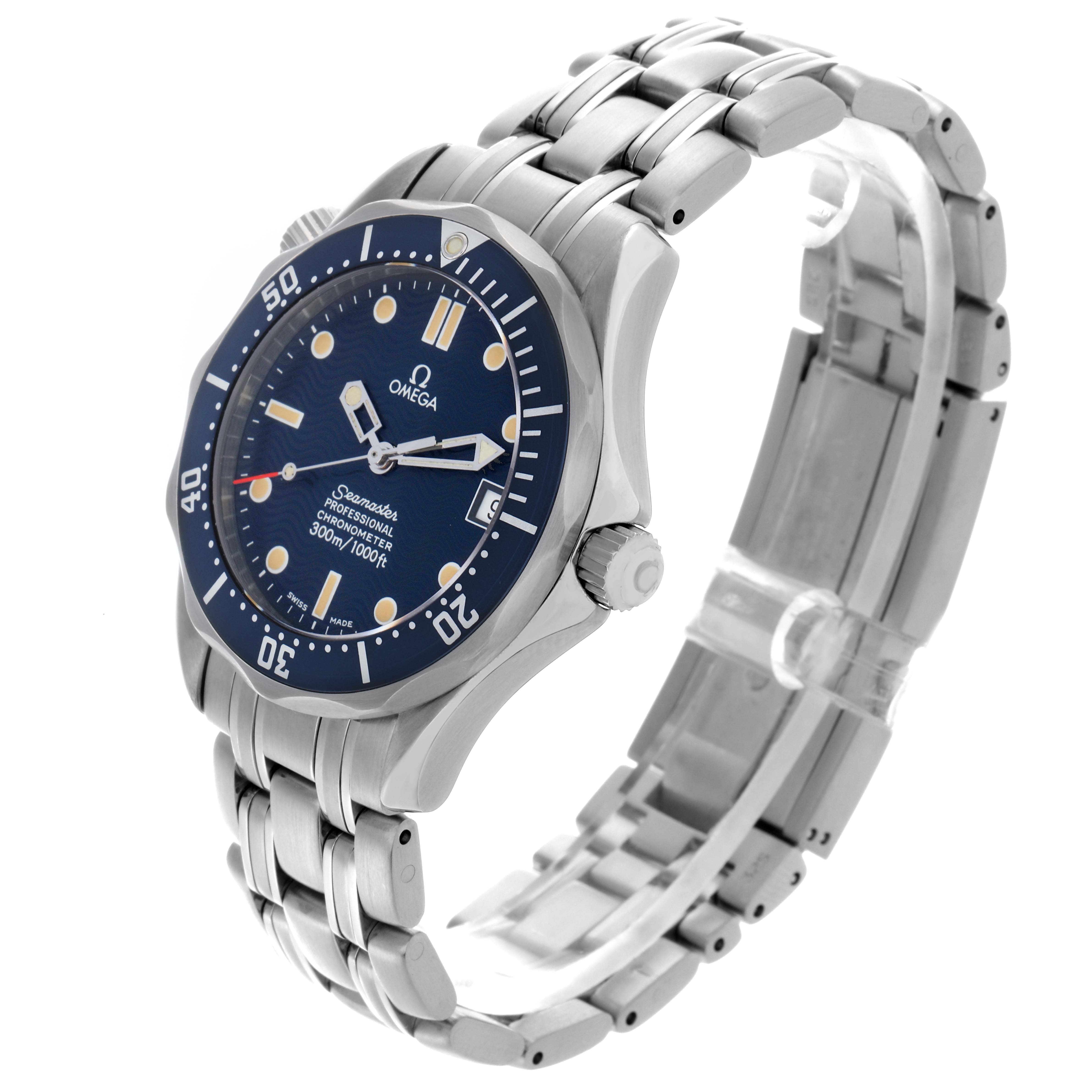 The Omega Seamaster 2551.80.00 Men
s Stainless Steel Blue Dial 2551.80.00 Men
s Stainless Steel Blue Dial watch is shown at a three-quarter angle, displaying the face, bezel, crown, and bracelet links.
