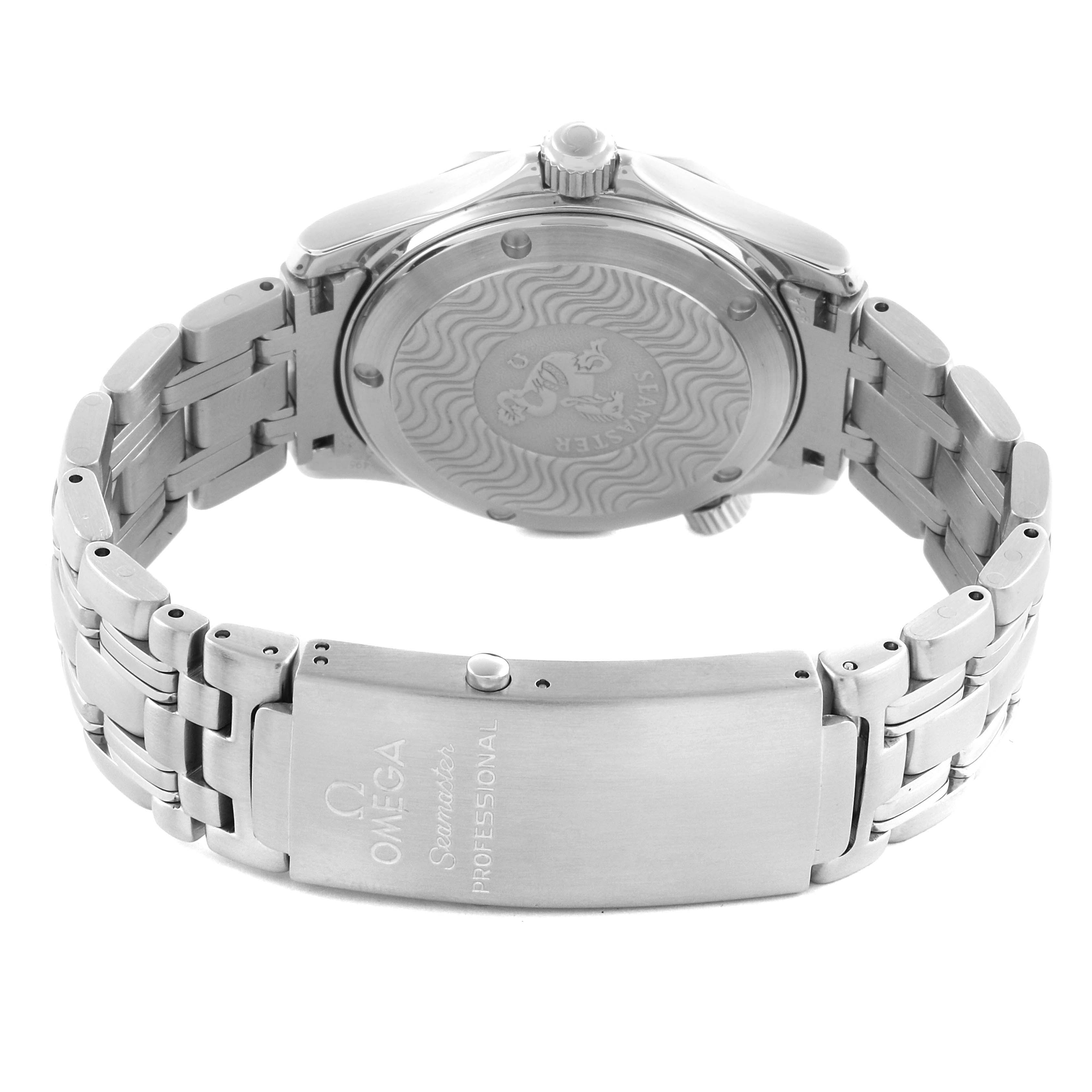 The Omega Seamaster 2551.80.00 Men
s Stainless Steel Blue Dial 2551.80.00 Men
s Stainless Steel Blue Dial watch is shown from the rear, displaying the case back, bracelet, and clasp.