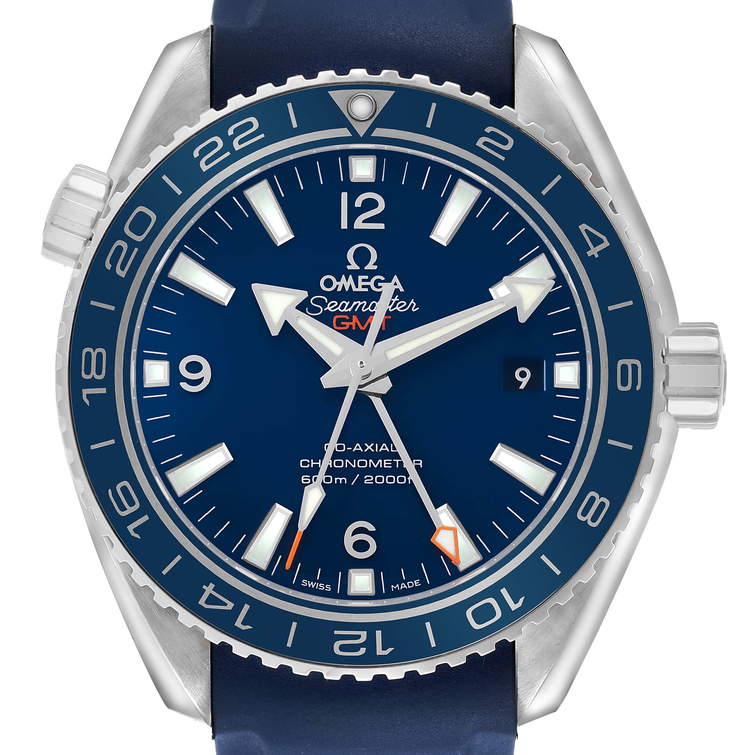 The Omega Planet Ocean 232.92.44.22.03.001 Men's Titanium Blue Dial watch is shown from the front, highlighting its blue dial, bezel, and strap.