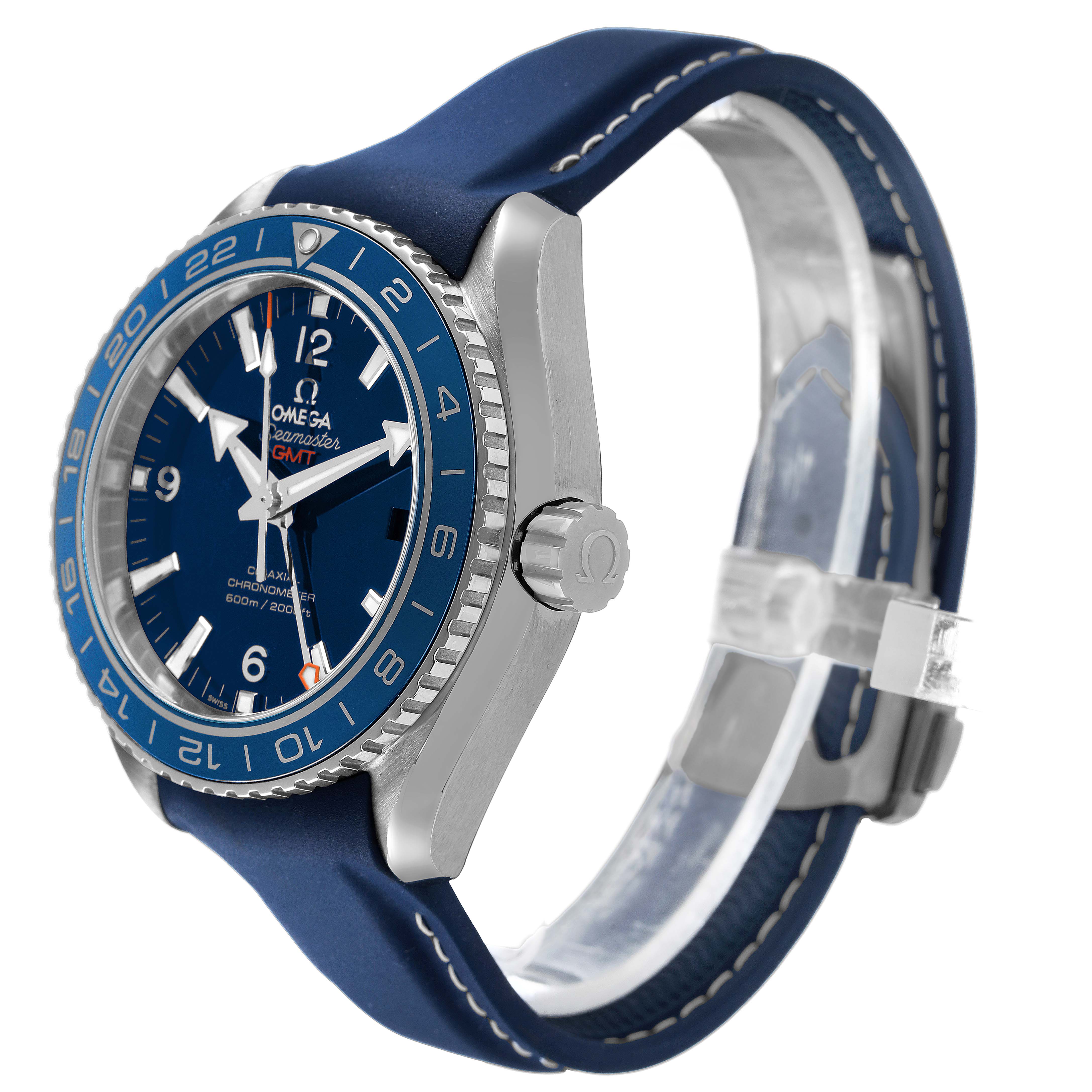 The Omega Planet Ocean 232.92.44.22.03.001 Men's Titanium Blue Dial watch is shown at a three-quarter angle, highlighting the case, bezel, crown, and strap.