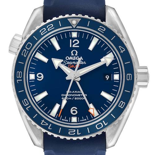 The Omega Planet Ocean 232.92.44.22.03.001 Men's Titanium Blue Dial watch is shown from a frontal angle, highlighting the dial, bezel, crown, and strap.