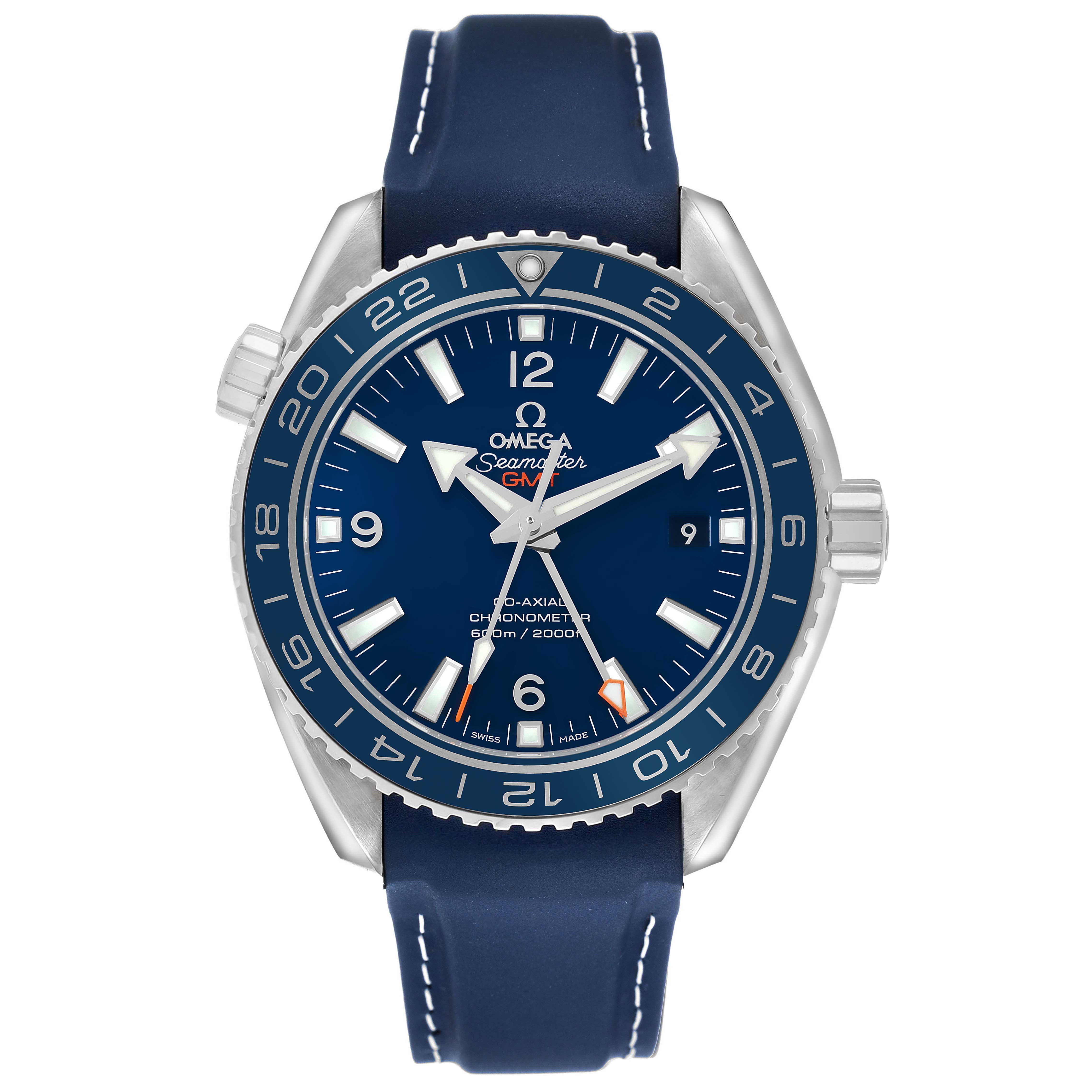 The Omega Planet Ocean 232.92.44.22.03.001 Men's Titanium Blue Dial watch is shown from a front angle, displaying the face, bezel, and strap.