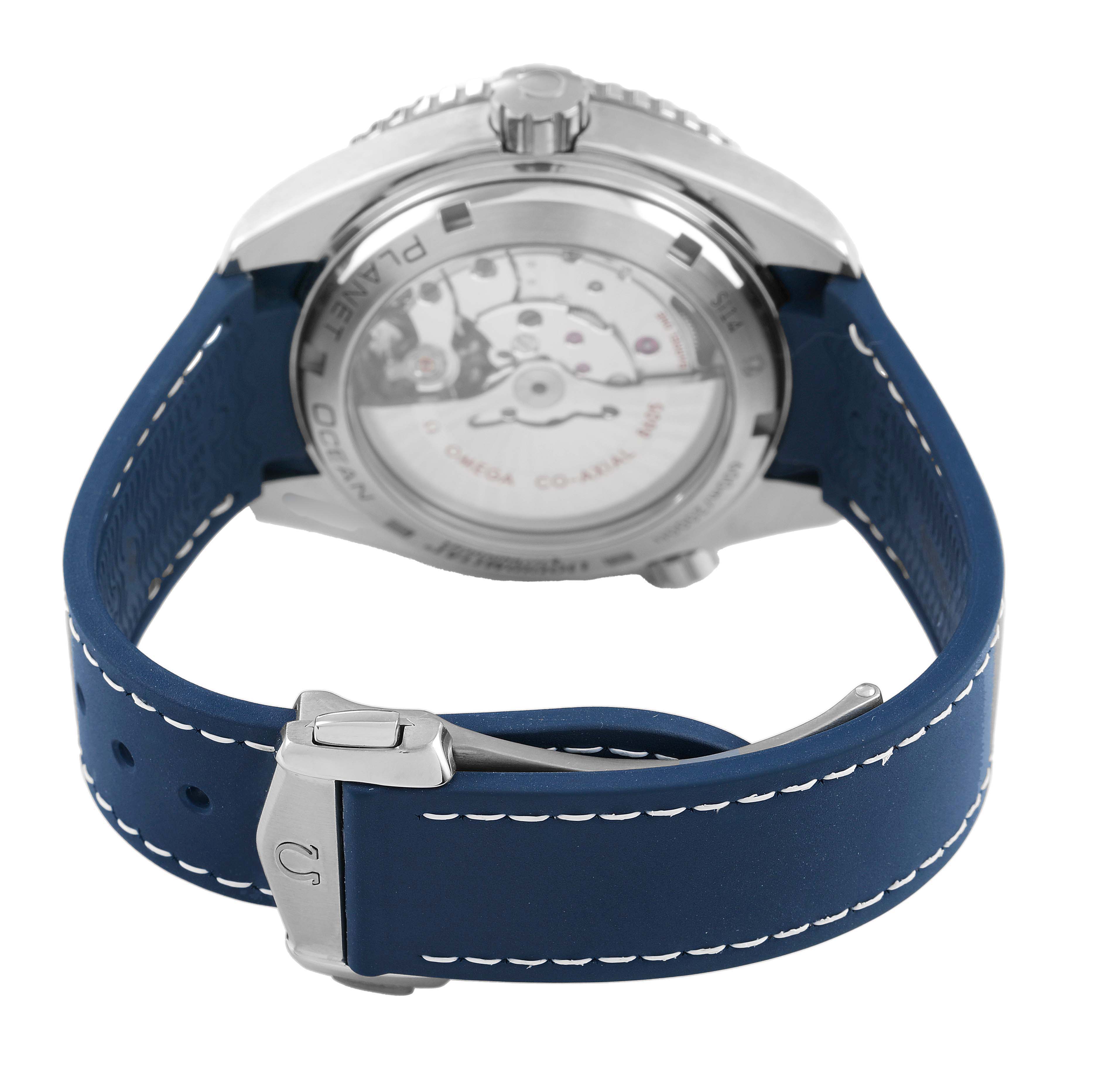 The image shows the back and side of the Omega Planet Ocean 232.92.44.22.03.001 Men's Titanium Blue Dial watch, highlighting the transparent case back and blue strap.