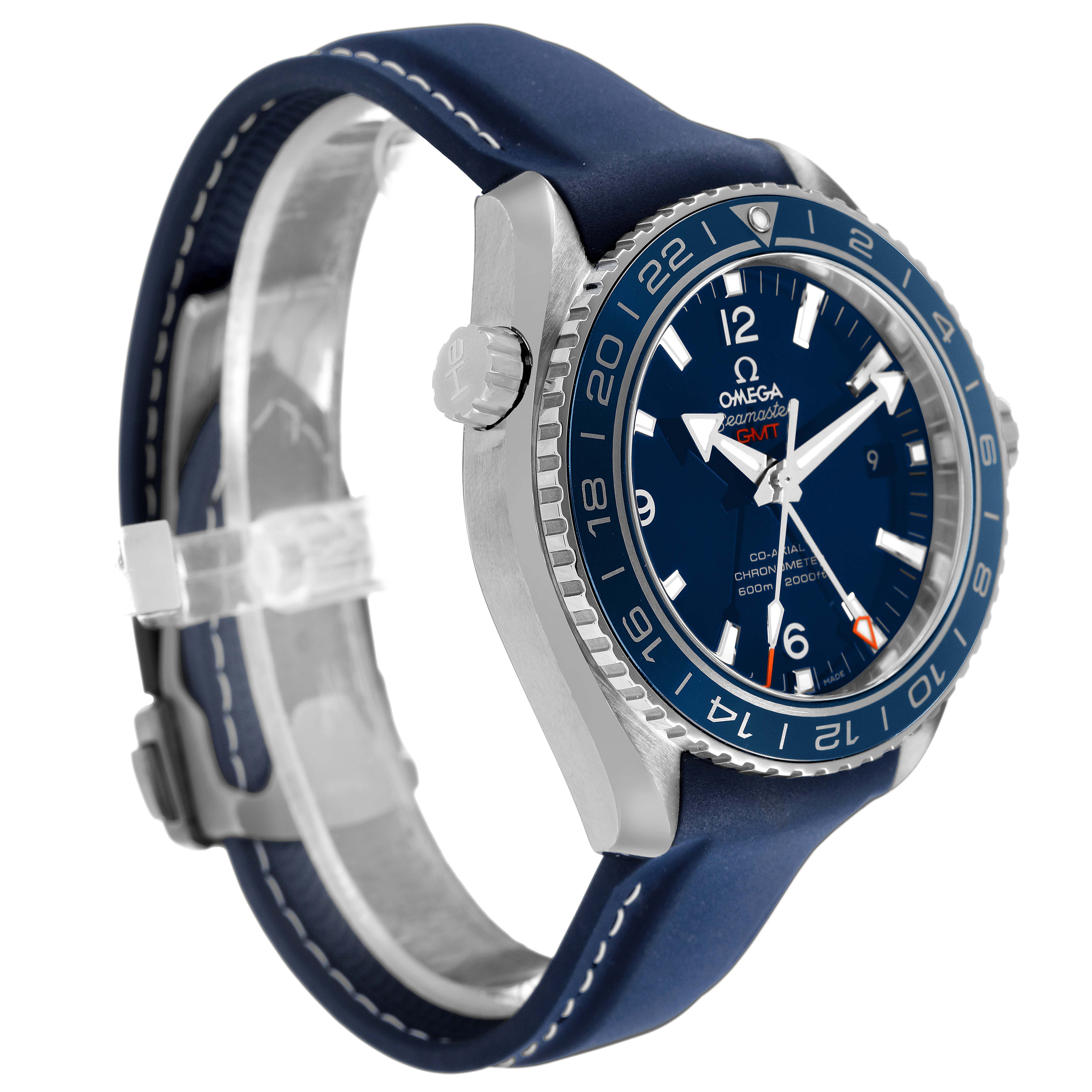 The Omega Planet Ocean 232.92.44.22.03.001 Men's Titanium Blue Dial watch is shown at a slight angle, highlighting the bezel, crown, and part of the blue strap.