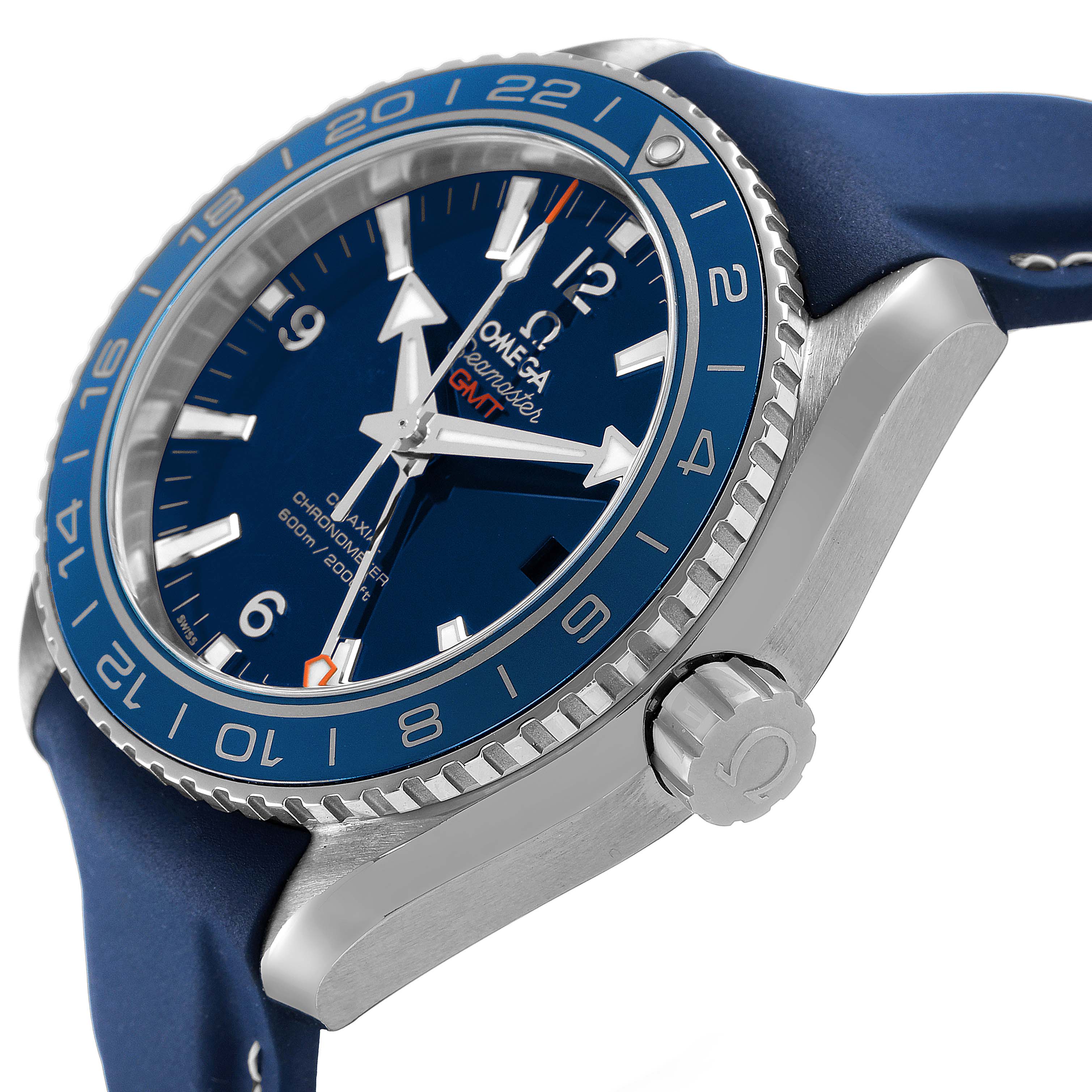 The Omega Planet Ocean 232.92.44.22.03.001 Men's Titanium Blue Dial watch is shown at a side angle, highlighting the bezel, crown, and blue strap.