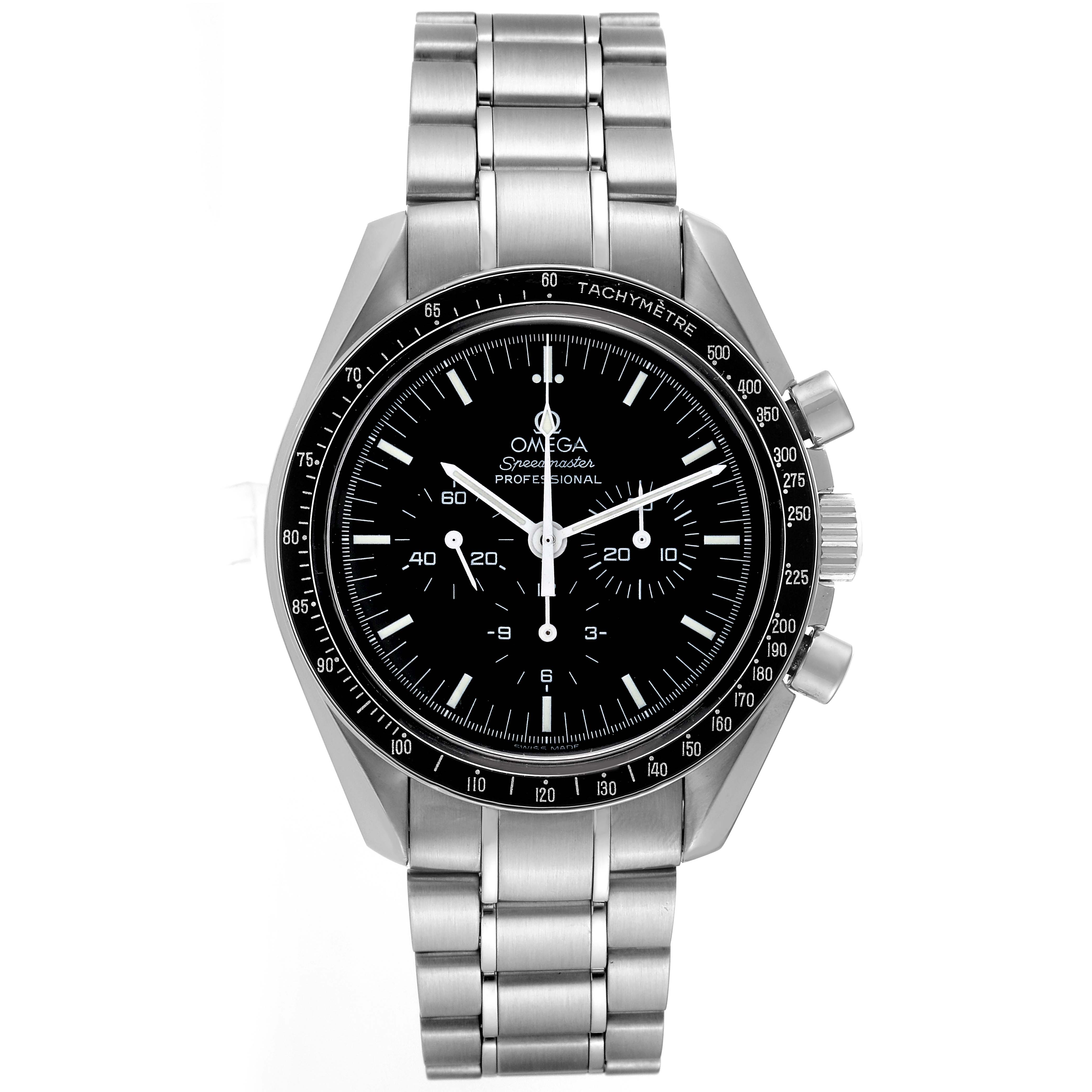 This Omega Speedmaster 3574.51.00 Men's Stainless Steel Black Dial 3574.51.00 Men's Stainless Steel Black Dial watch is shown from the front, highlighting its face, bezel, and stainless steel bracelet.