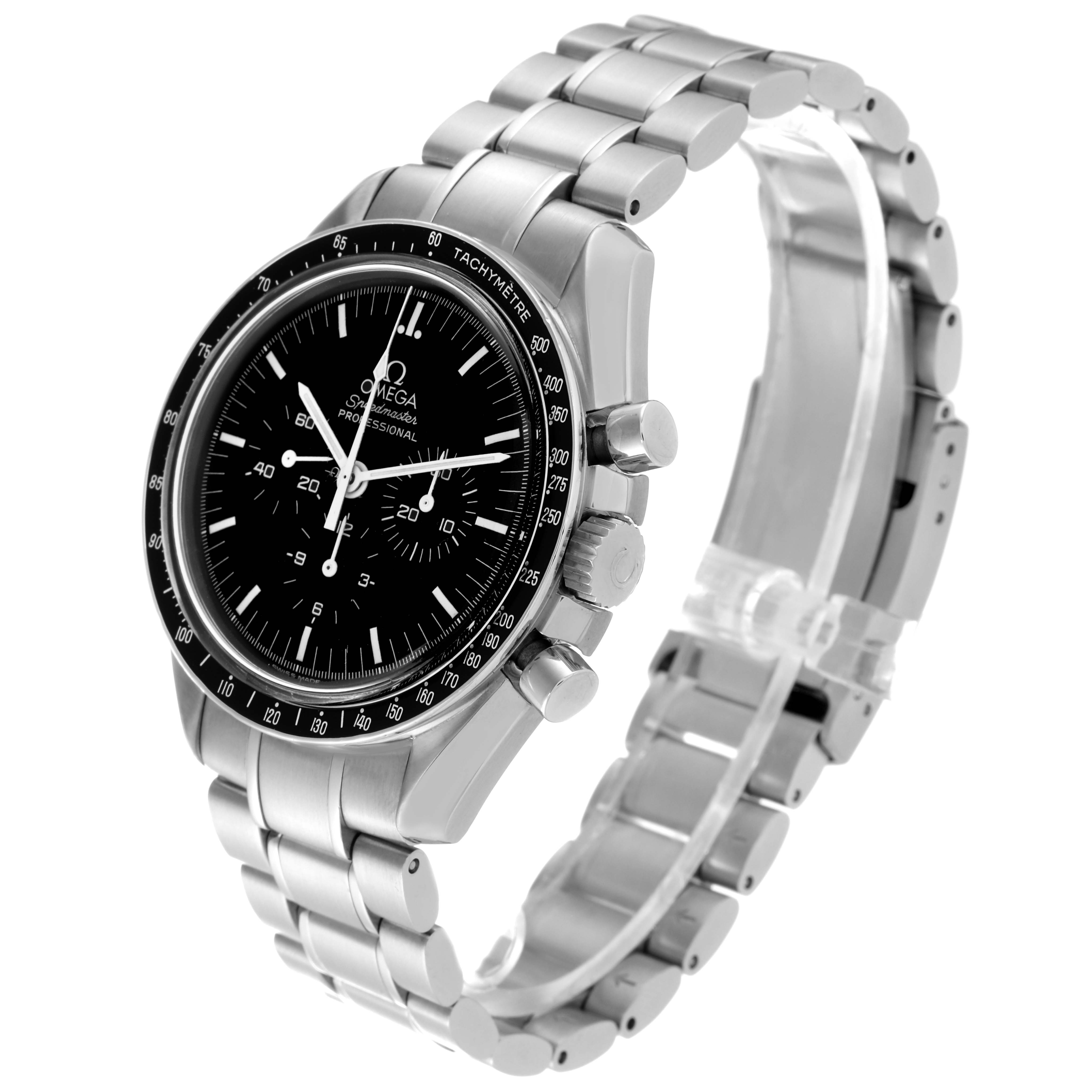 The image shows an Omega Speedmaster 3574.51.00 Men's Stainless Steel Black Dial 3574.51.00 Men's Stainless Steel Black Dial watch angled slightly from the upper right side, highlighting its face, bezel, and bracelet.