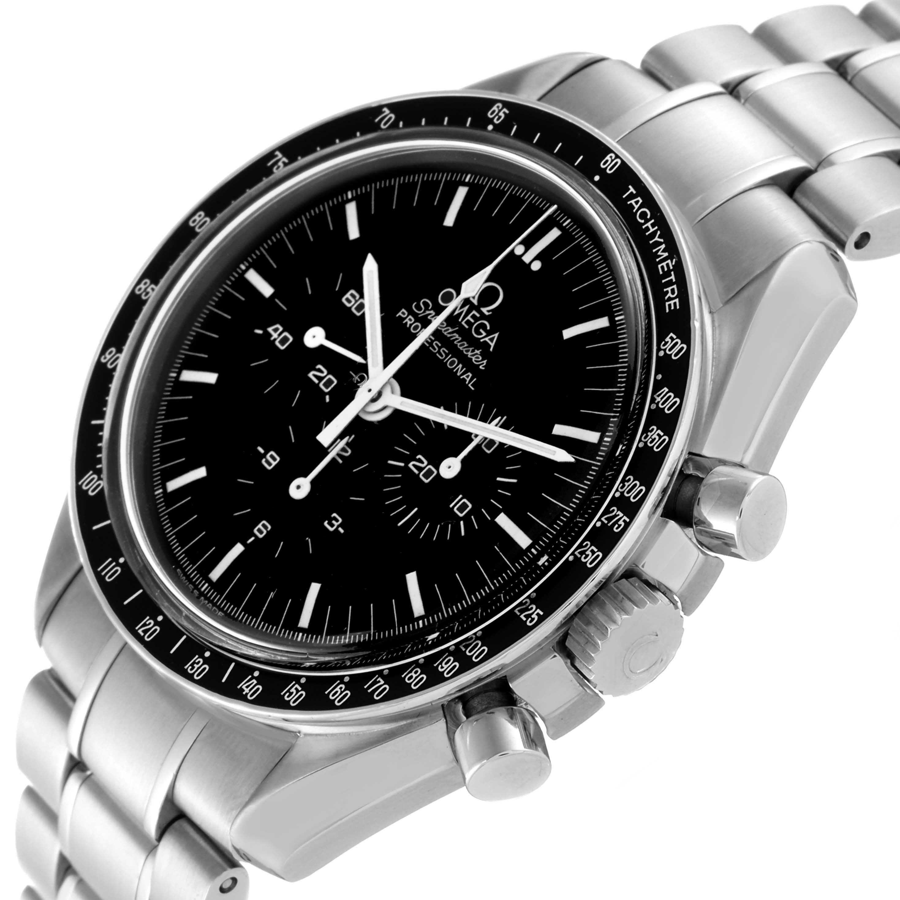 This Omega Speedmaster 3574.51.00 Men's Stainless Steel Black Dial 3574.51.00 Men's Stainless Steel Black Dial watch is shown at a slight angle displaying the face, tachymeter bezel, and metal bracelet.