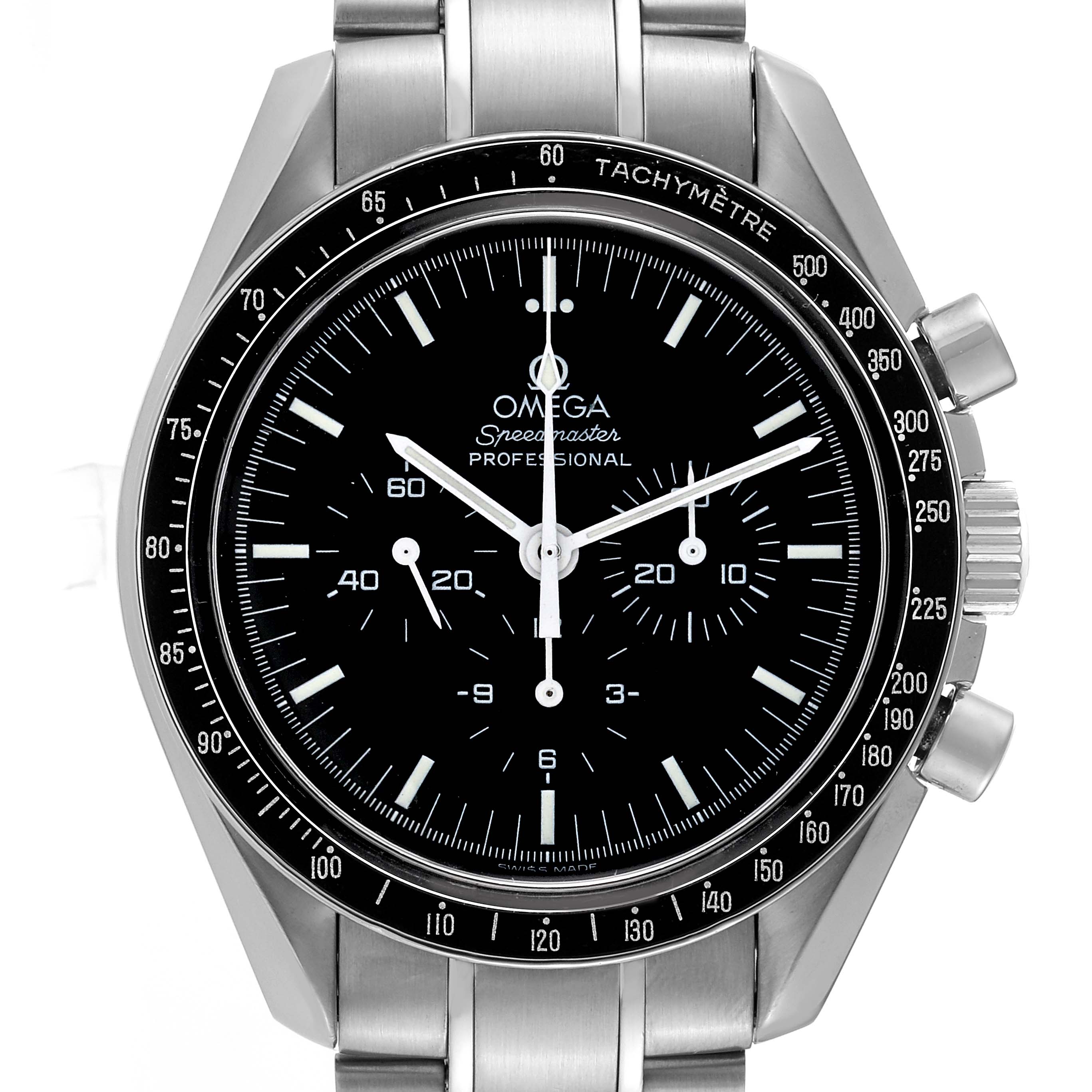 The image shows a front view of the Omega Speedmaster 3574.51.00 Men's Stainless Steel Black Dial 3574.51.00 Men's Stainless Steel Black Dial watch, highlighting the face, bezel, and metal bracelet.