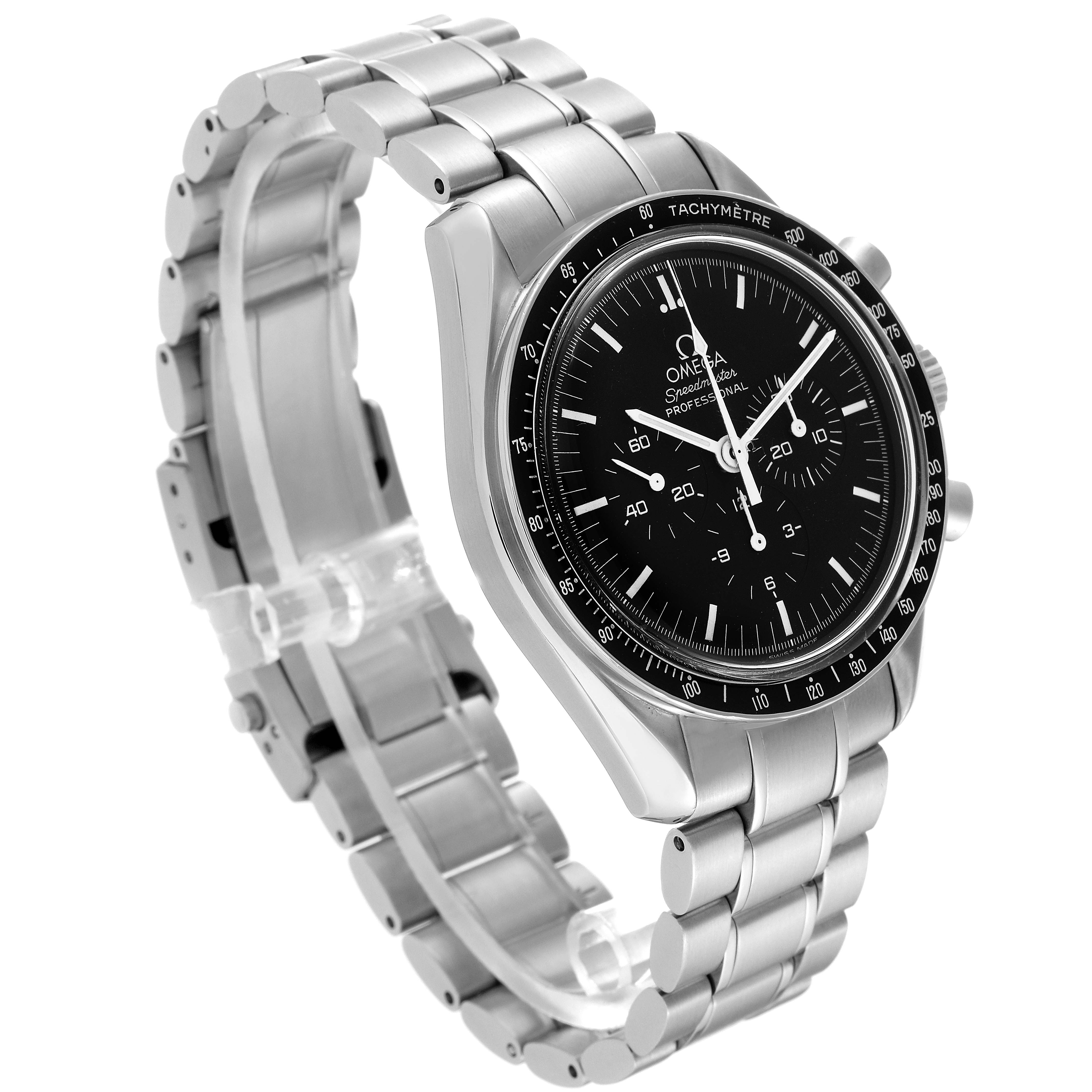 This image shows an Omega Speedmaster 3574.51.00 Men's Stainless Steel Black Dial 3574.51.00 Men's Stainless Steel Black Dial watch at a three-quarter angle, highlighting its face, bezel, and bracelet.