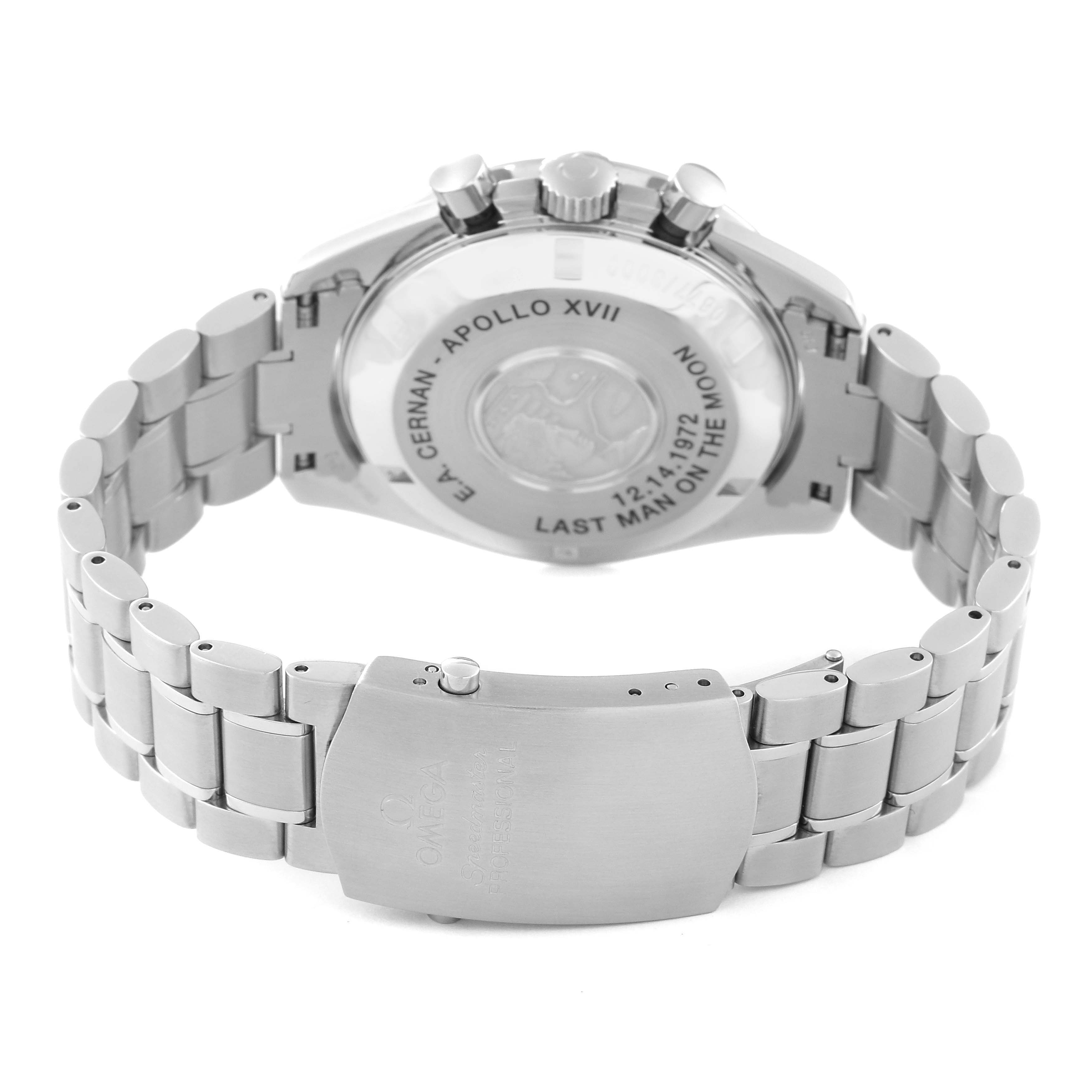 The image shows the back and clasp of an Omega Speedmaster 3574.51.00 Men's Stainless Steel Black Dial 3574.51.00 Men's Stainless Steel Black Dial watch, highlighting the engraved case back and metal bracelet.