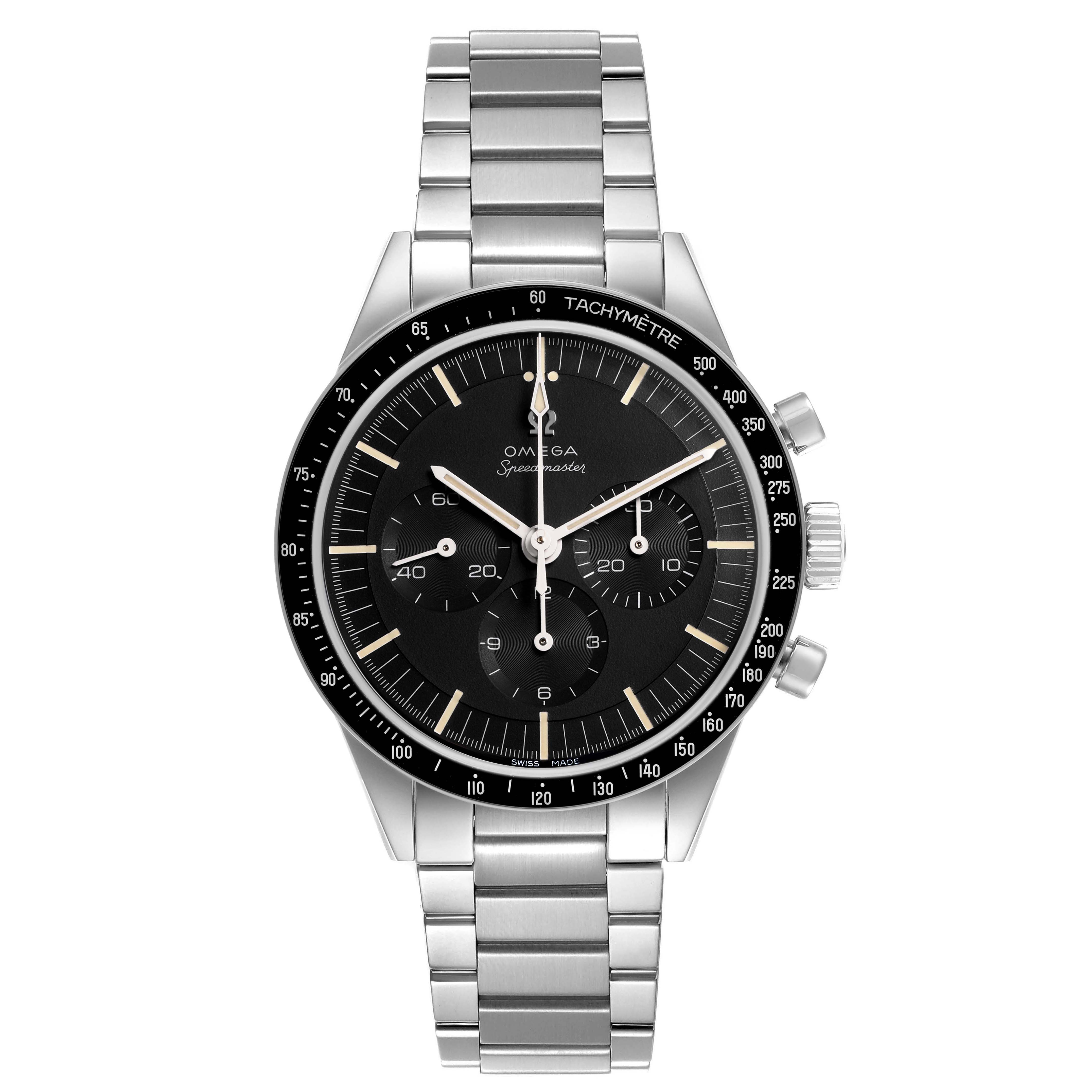 The Omega Speedmaster 311.30.40.30.01.001 Men's Stainless Steel Black Dial watch is shown from a front angle, highlighting the dial, bezel, and bracelet.