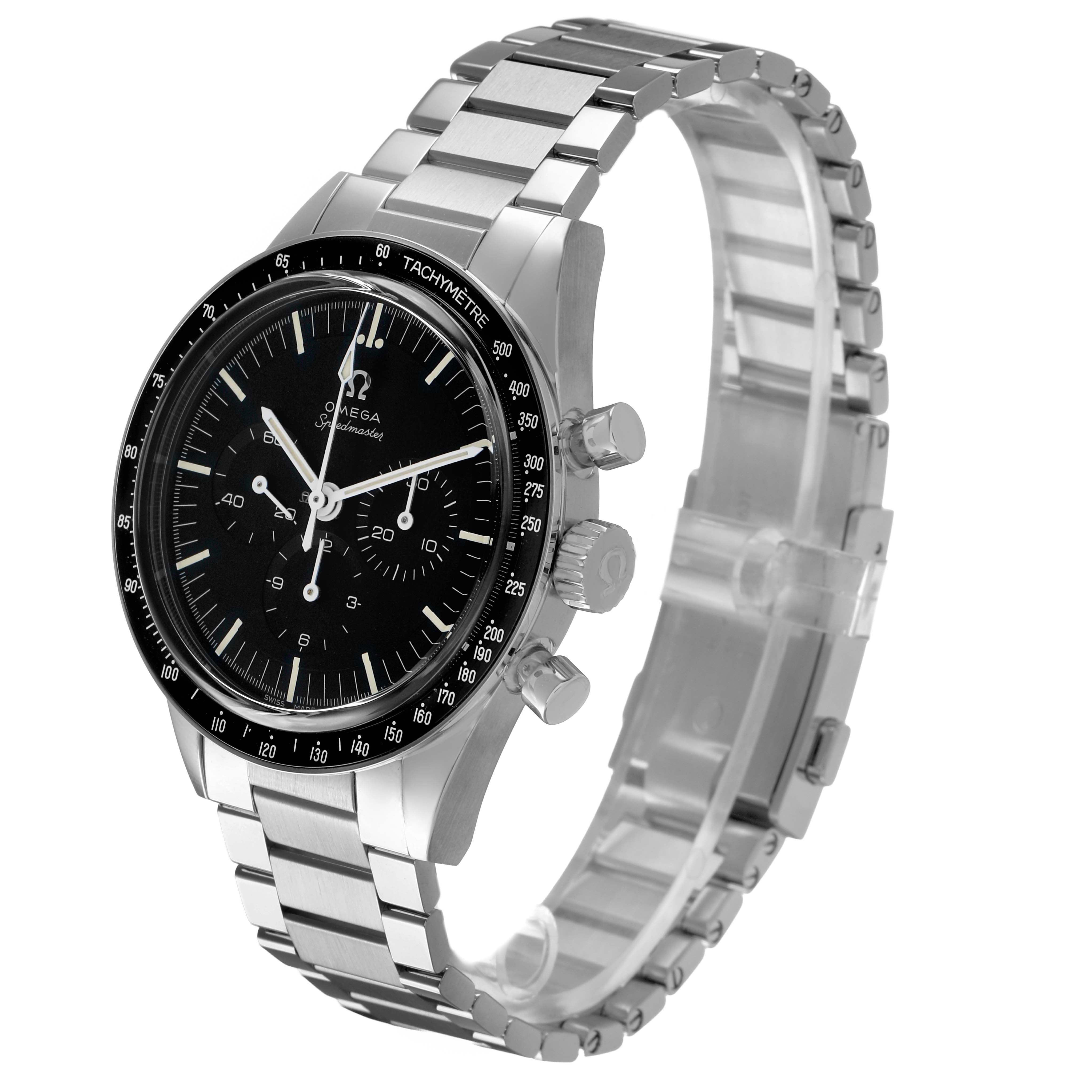 The Omega Speedmaster 311.30.40.30.01.001 Men's Stainless Steel Black Dial watch is shown at a three-quarter angle, highlighting the face, bezel, and stainless steel bracelet.
