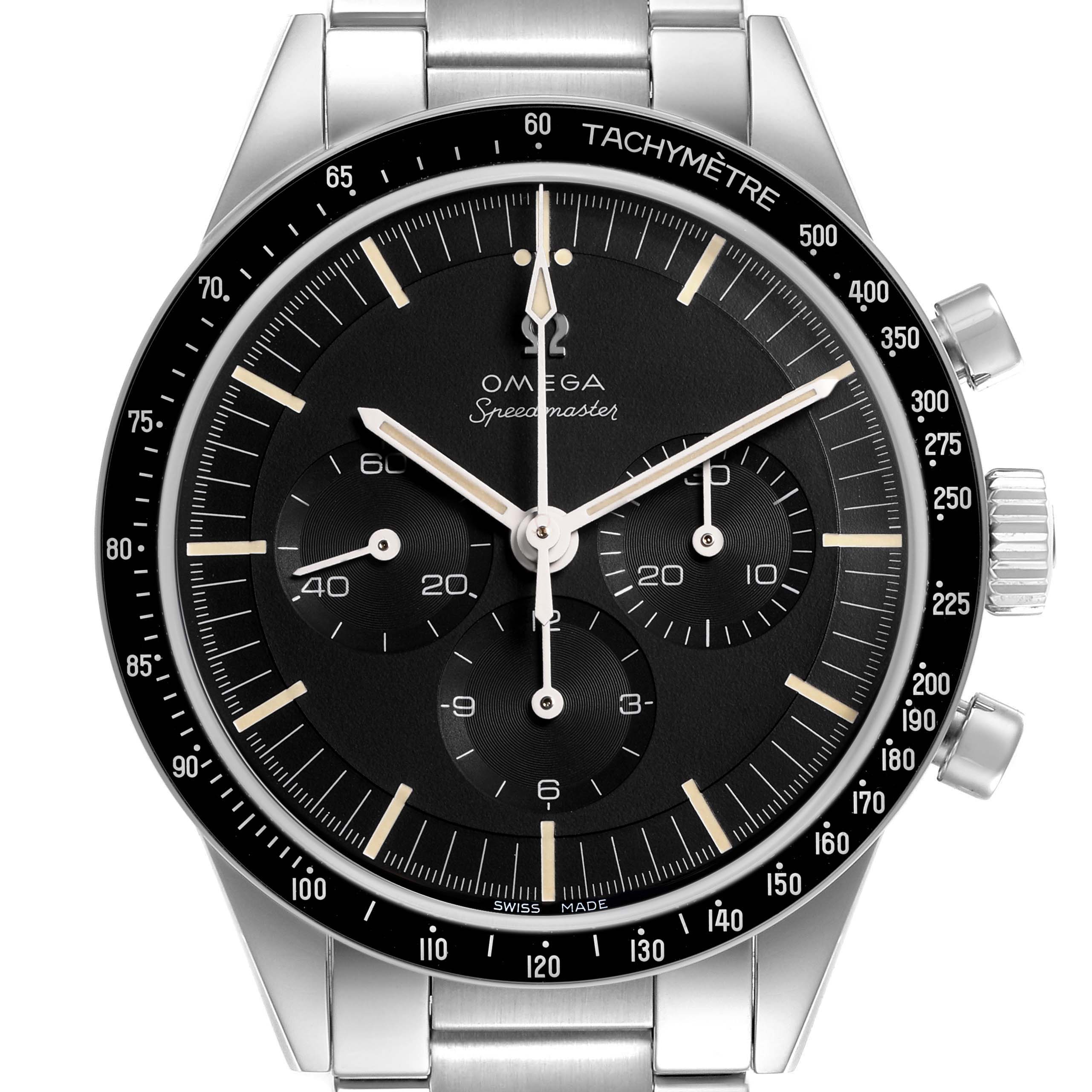 The Omega Speedmaster 311.30.40.30.01.001 Men's Stainless Steel Black Dial watch is shown from the front, displaying its bezel, dial, subdials, and chronograph pushers.