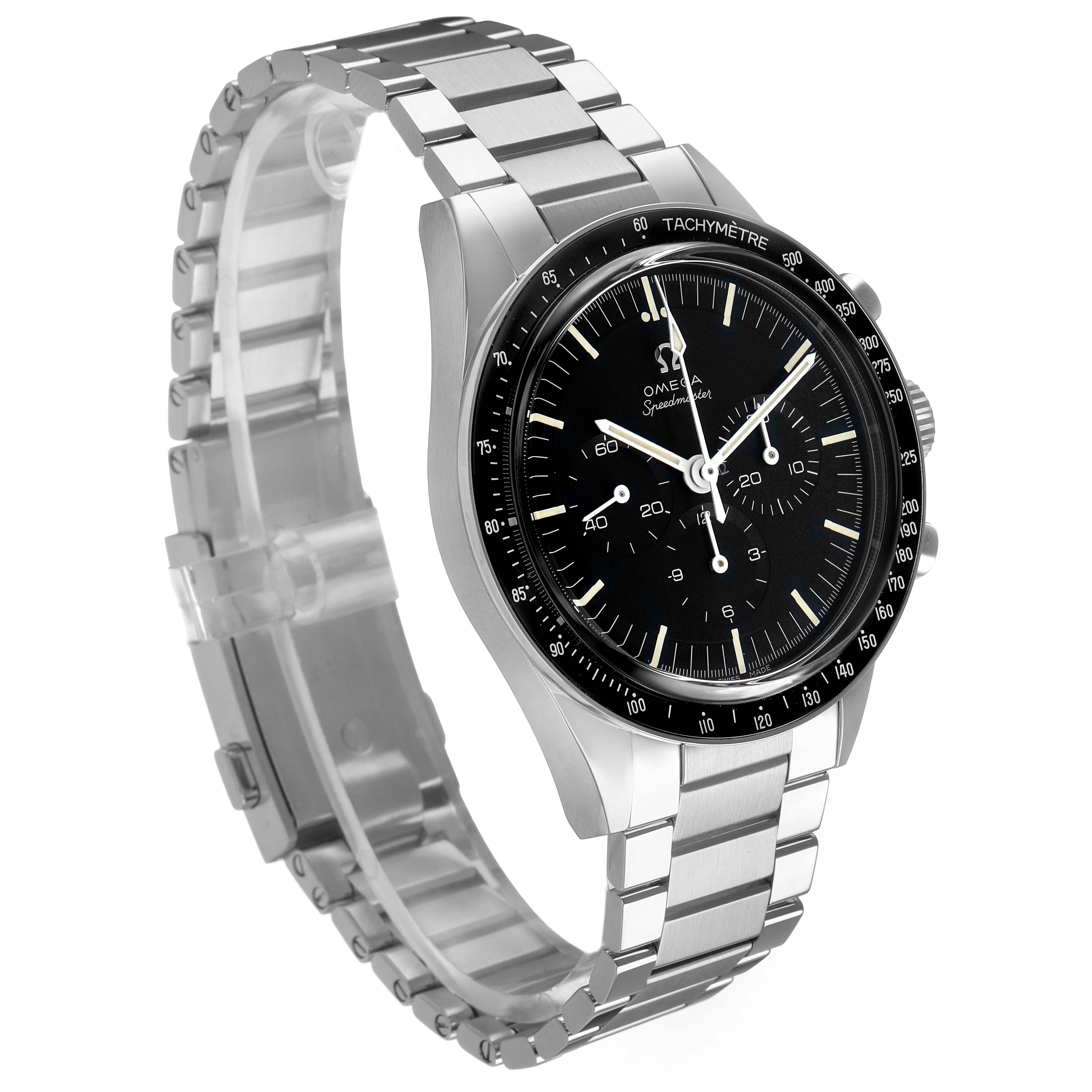 The Omega Speedmaster 311.30.40.30.01.001 Men's Stainless Steel Black Dial watch is shown at an angled side view, highlighting the face, tachymeter bezel, and metal bracelet.