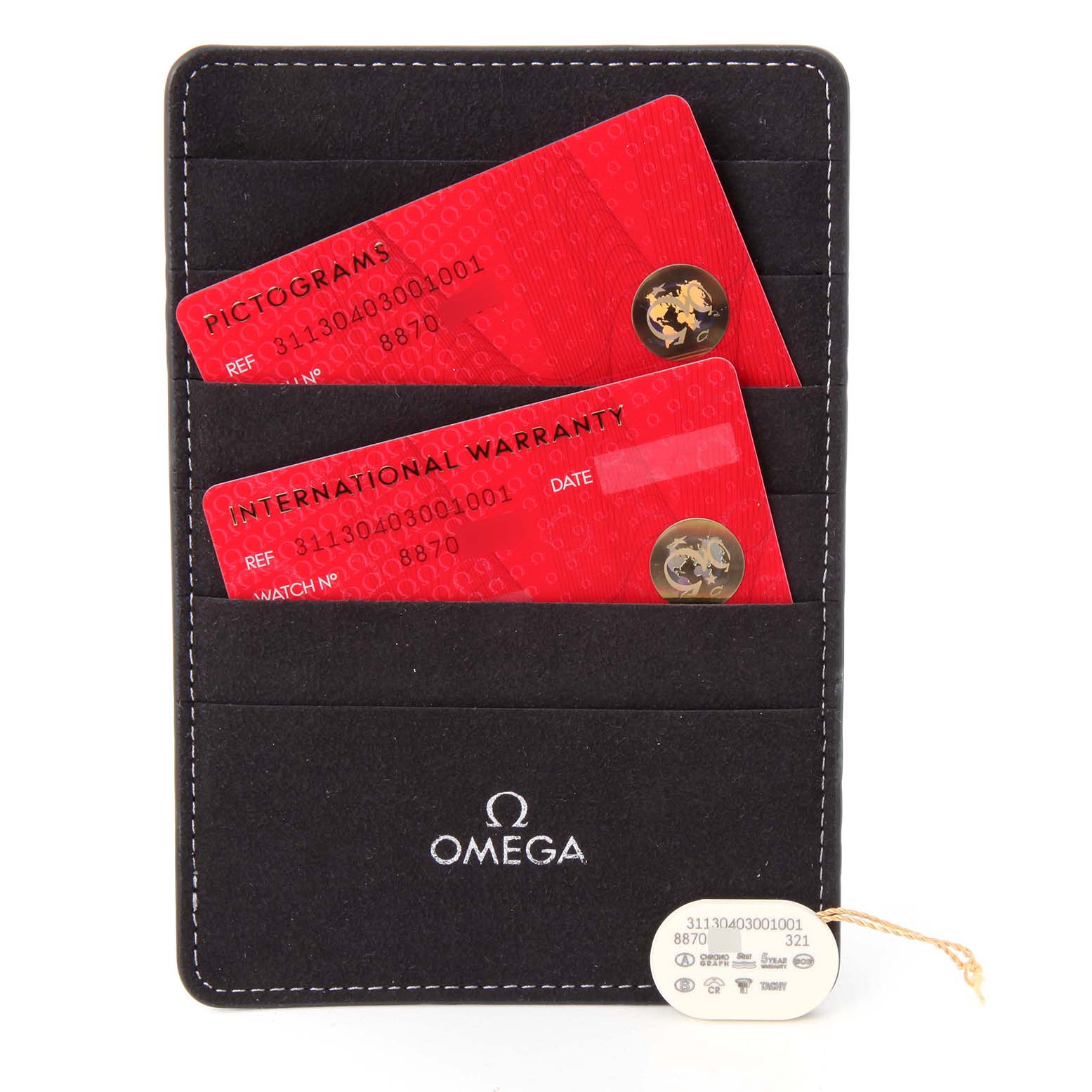 The image shows an Omega Speedmaster 311.30.40.30.01.001 Men's Stainless Steel Black Dial accessory with two red cards labeled "Pictograms" and "International Warranty" inside a black cardholder.