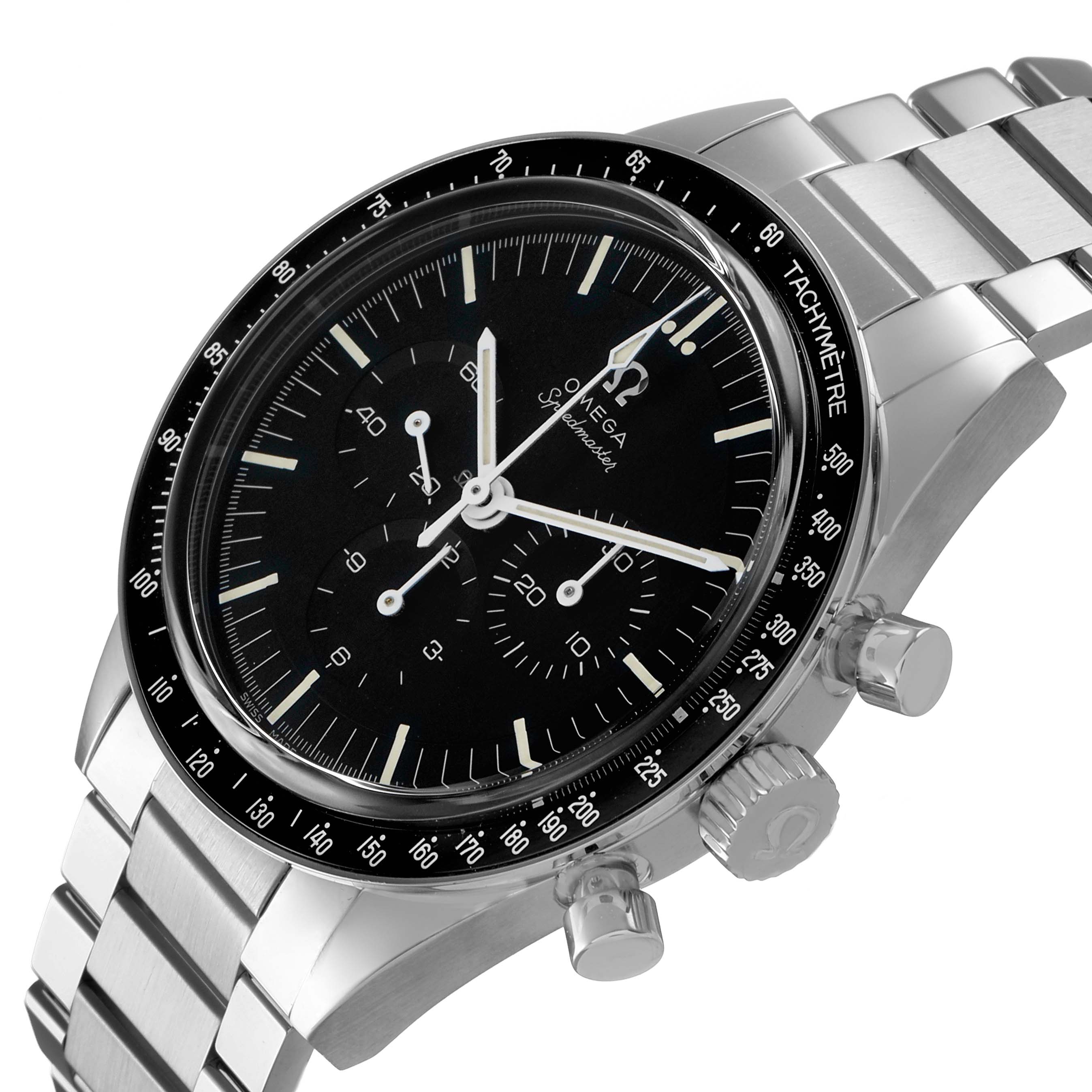 The Omega Speedmaster 311.30.40.30.01.001 Men's Stainless Steel Black Dial watch is shown from a three-quarter angle, highlighting the dial, bezel, pushers, and bracelet.