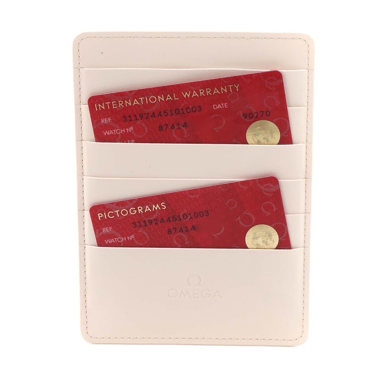 The image shows a front view of Omega Speedmaster 311.92.44.51.01.003 Men's Ceramic Black Dial 311.92.44.51.01.003 Men's Ceramic Black Dial accessories, including a holder with warranty and pictogram cards.