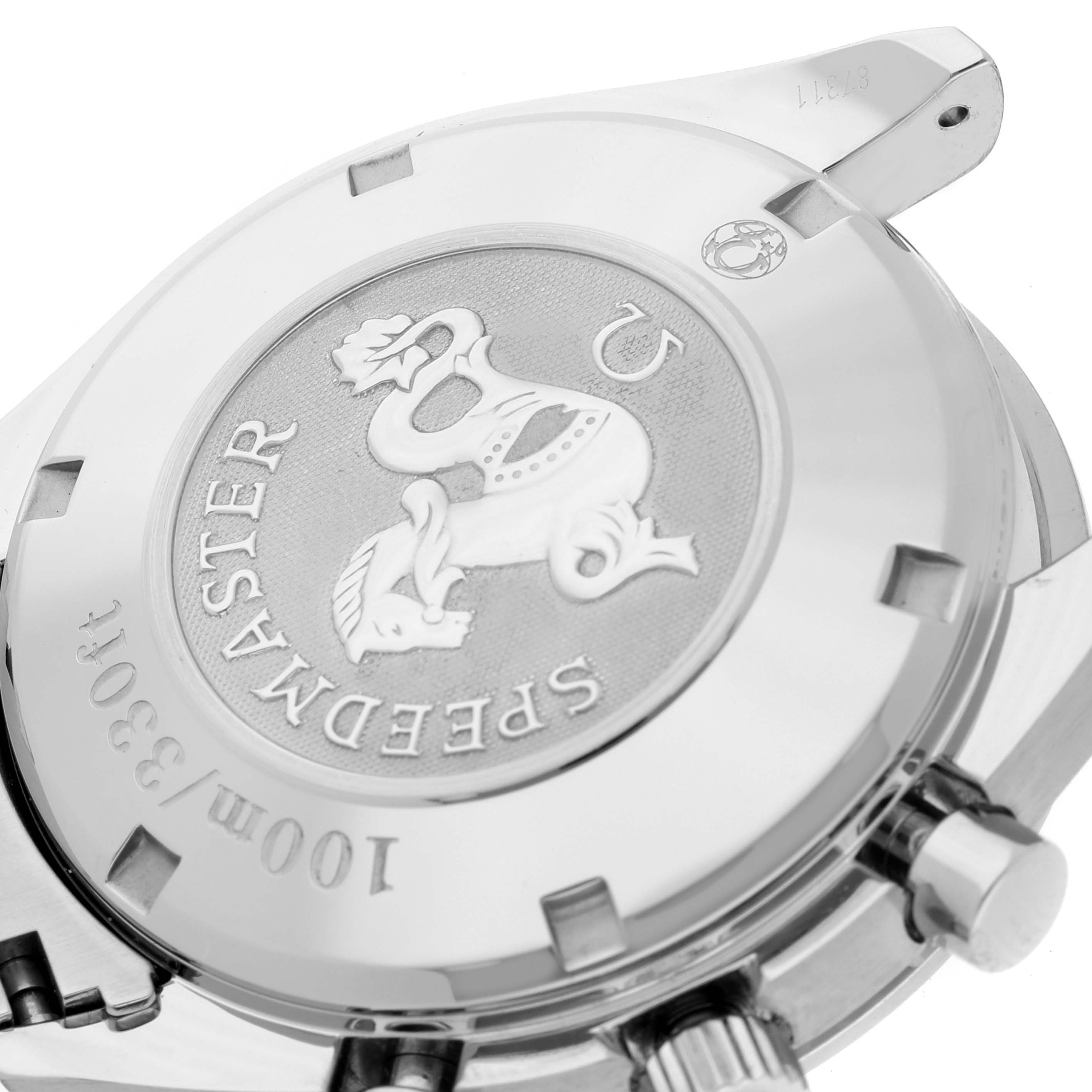 The image shows the case back and side view of the Omega Speedmaster 323.30.40.40.06.001 Men's Stainless Steel Grey Dial 323.30.40.40.06.001 Men's Stainless Steel Grey Dial watch.