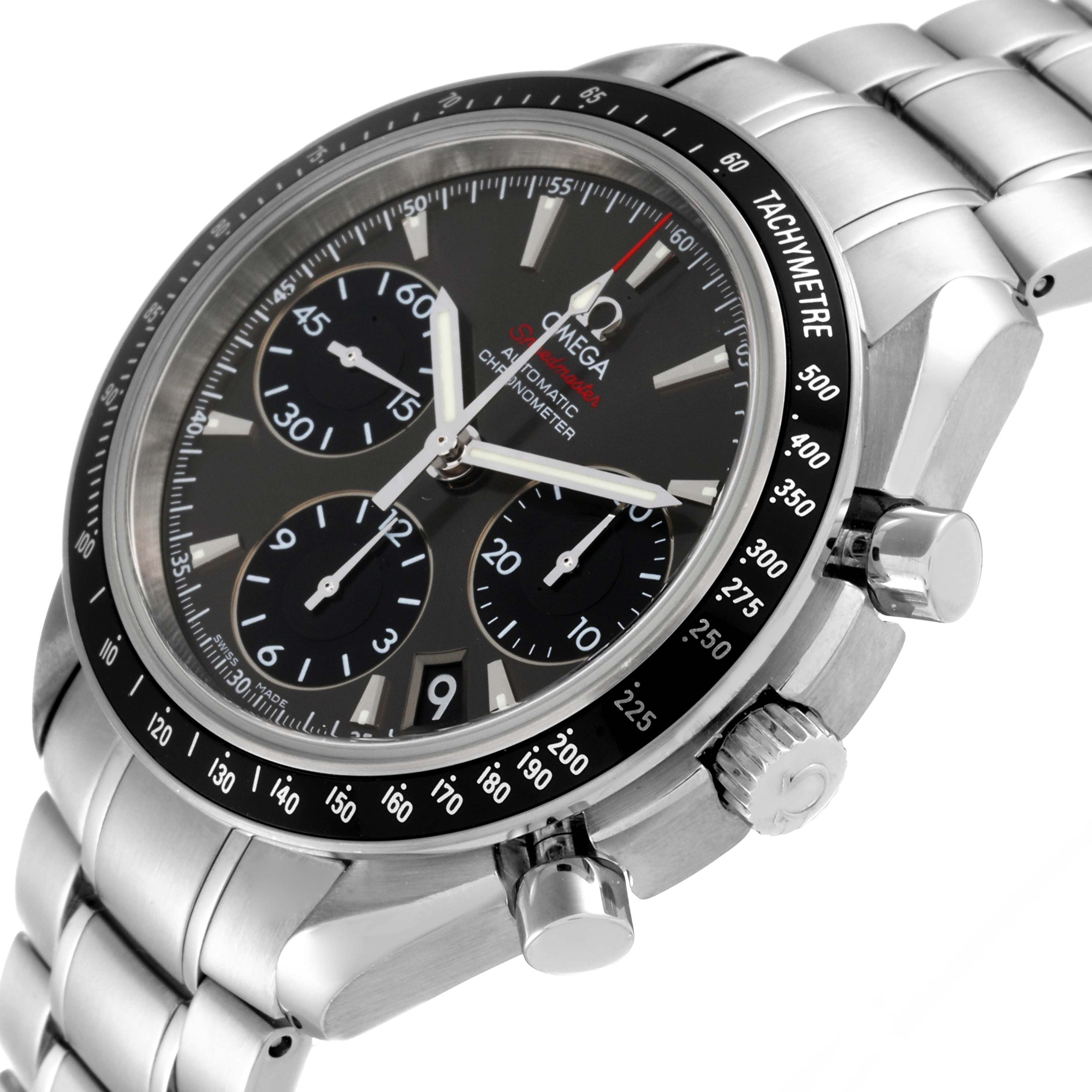 The image shows a close-up angle of the Omega Speedmaster 323.30.40.40.06.001 Men's Stainless Steel Grey Dial 323.30.40.40.06.001 Men's Stainless Steel Grey Dial watch, highlighting the dial, tachymeter bezel, and part of the bracelet.