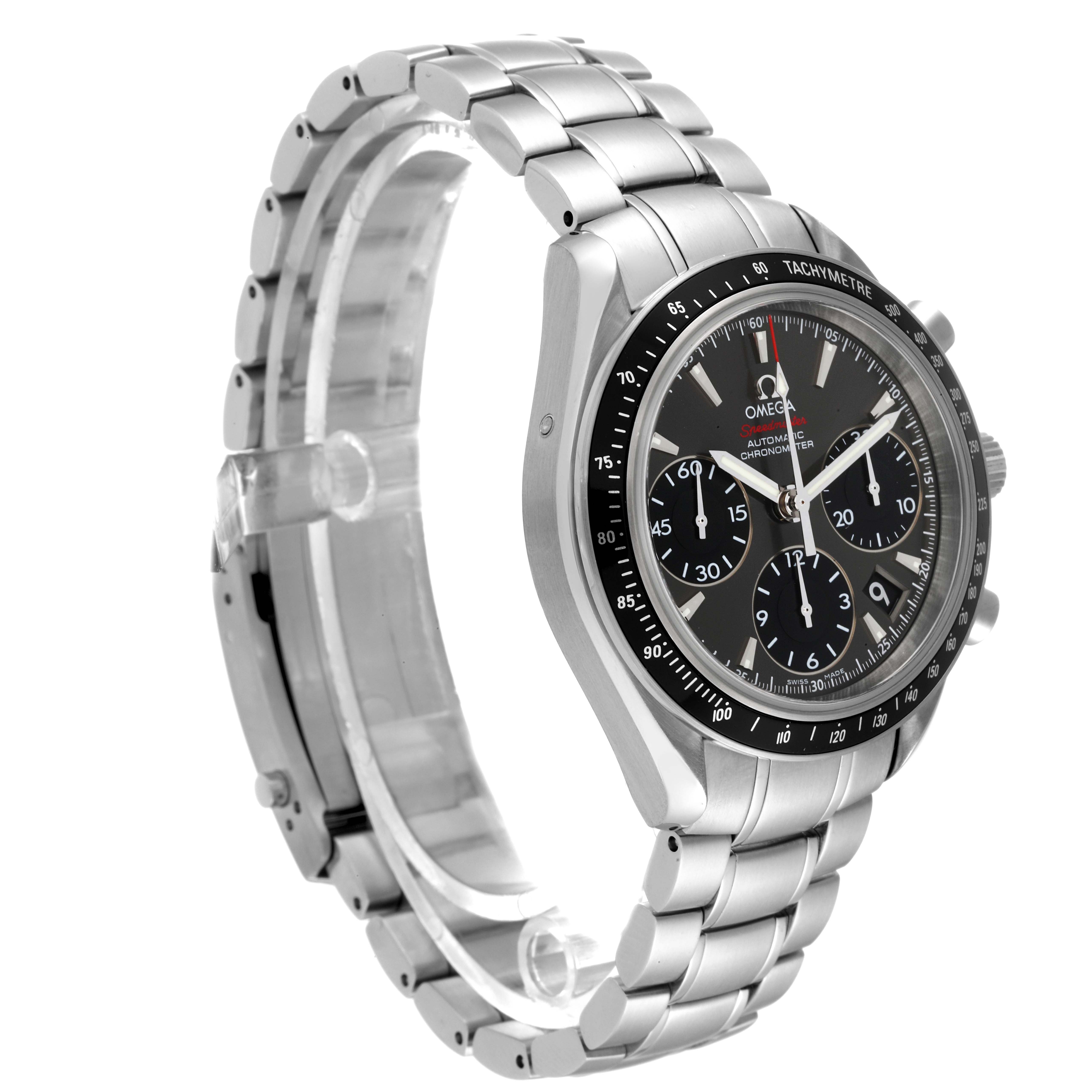 This image shows a side angle of the Omega Speedmaster 323.30.40.40.06.001 Men's Stainless Steel Grey Dial 323.30.40.40.06.001 Men's Stainless Steel Grey Dial watch featuring its face and stainless steel bracelet.