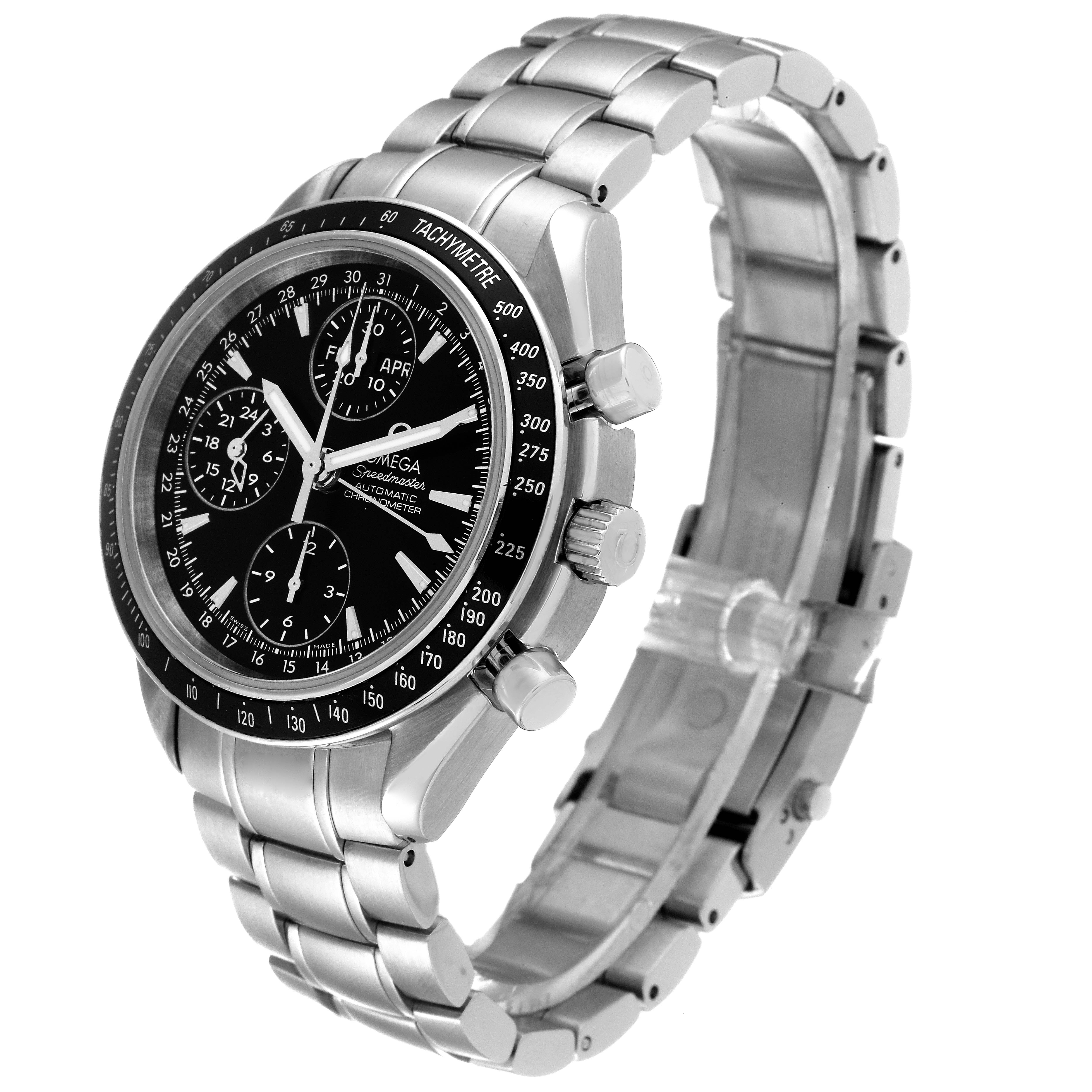 The Omega Speedmaster 3220.50.00 Men's Stainless Steel Black Dial 3220.50.00 Men's Stainless Steel Black Dial watch is shown at a three-quarter angle, highlighting its dial, bezel, and stainless steel bracelet.