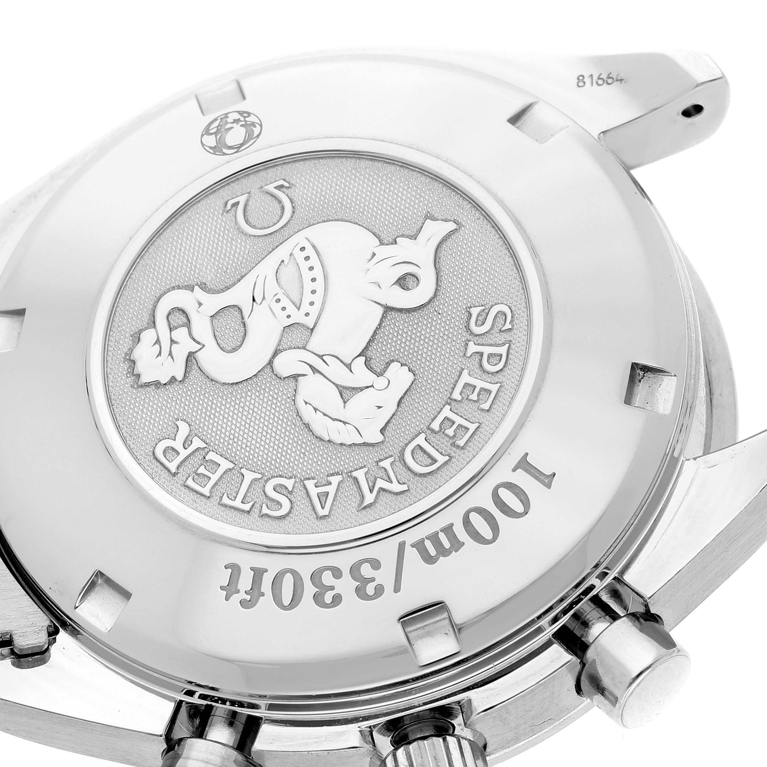 The image shows the back case and partial side view of an Omega Speedmaster 3220.50.00 Men's Stainless Steel Black Dial 3220.50.00 Men's Stainless Steel Black Dial watch, highlighting the engraved emblem and water resistance information.