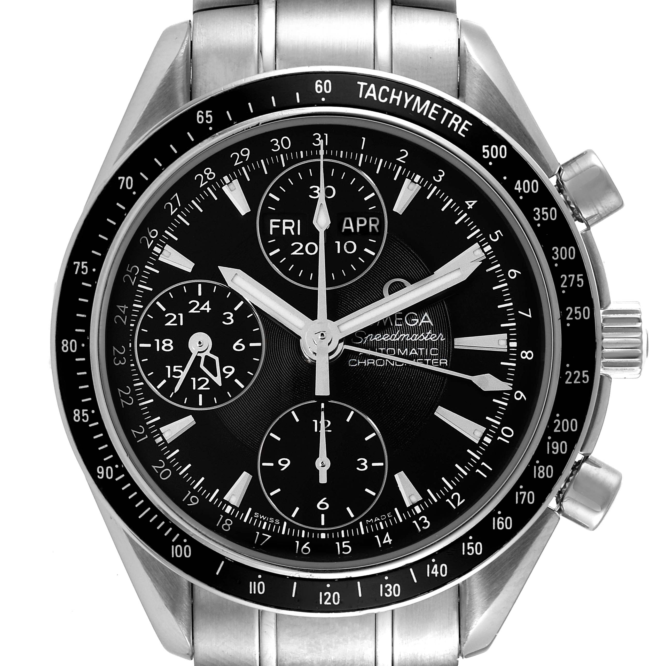 The Omega Speedmaster 3220.50.00 Men's Stainless Steel Black Dial 3220.50.00 Men's Stainless Steel Black Dial watch is displayed in a front-facing angle, showcasing the dial, tachymeter bezel, and subdials.