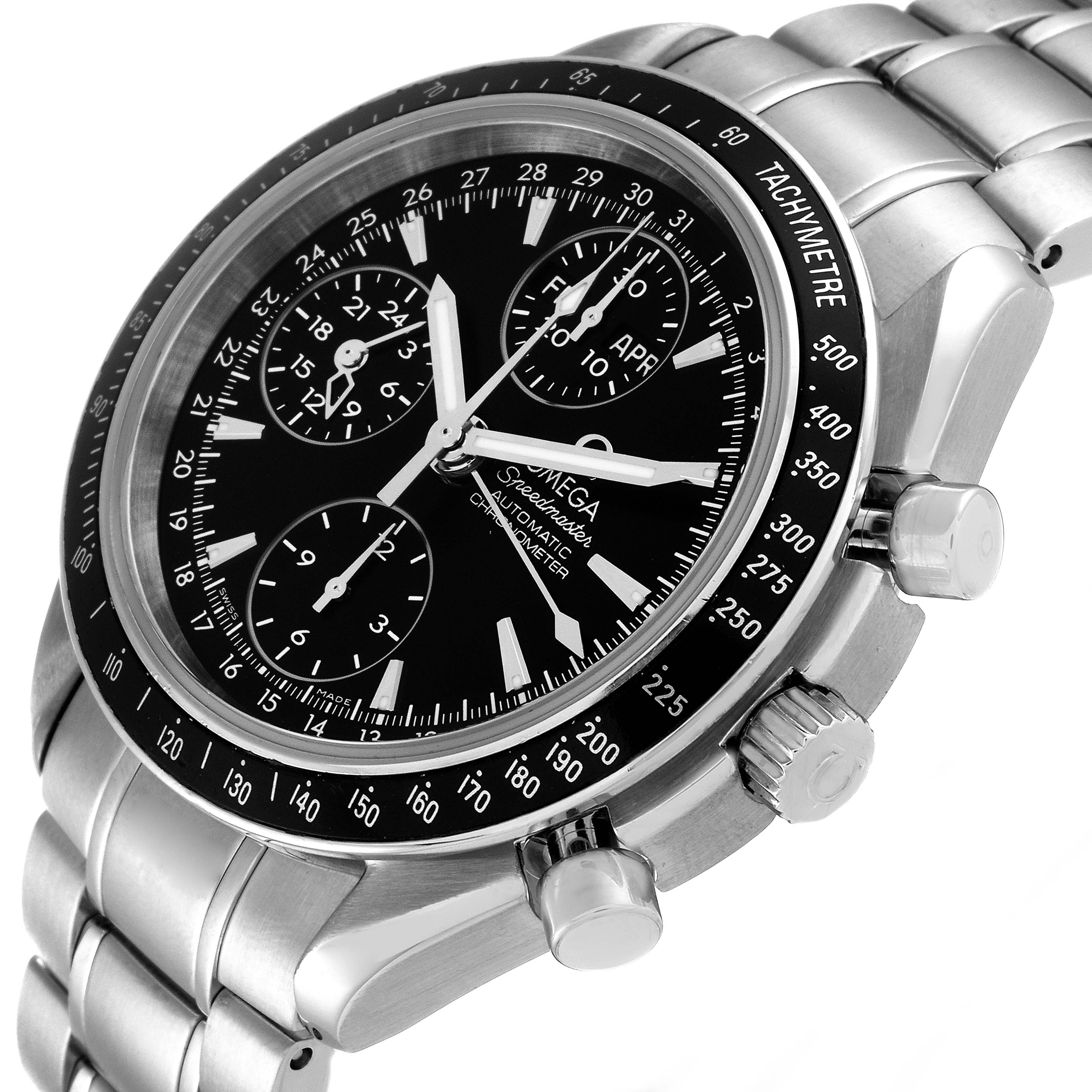 The image shows the Omega Speedmaster 3220.50.00 Men's Stainless Steel Black Dial 3220.50.00 Men's Stainless Steel Black Dial watch at a three-quarter angle, displaying the bezel, dial, chronograph buttons, and bracelet.