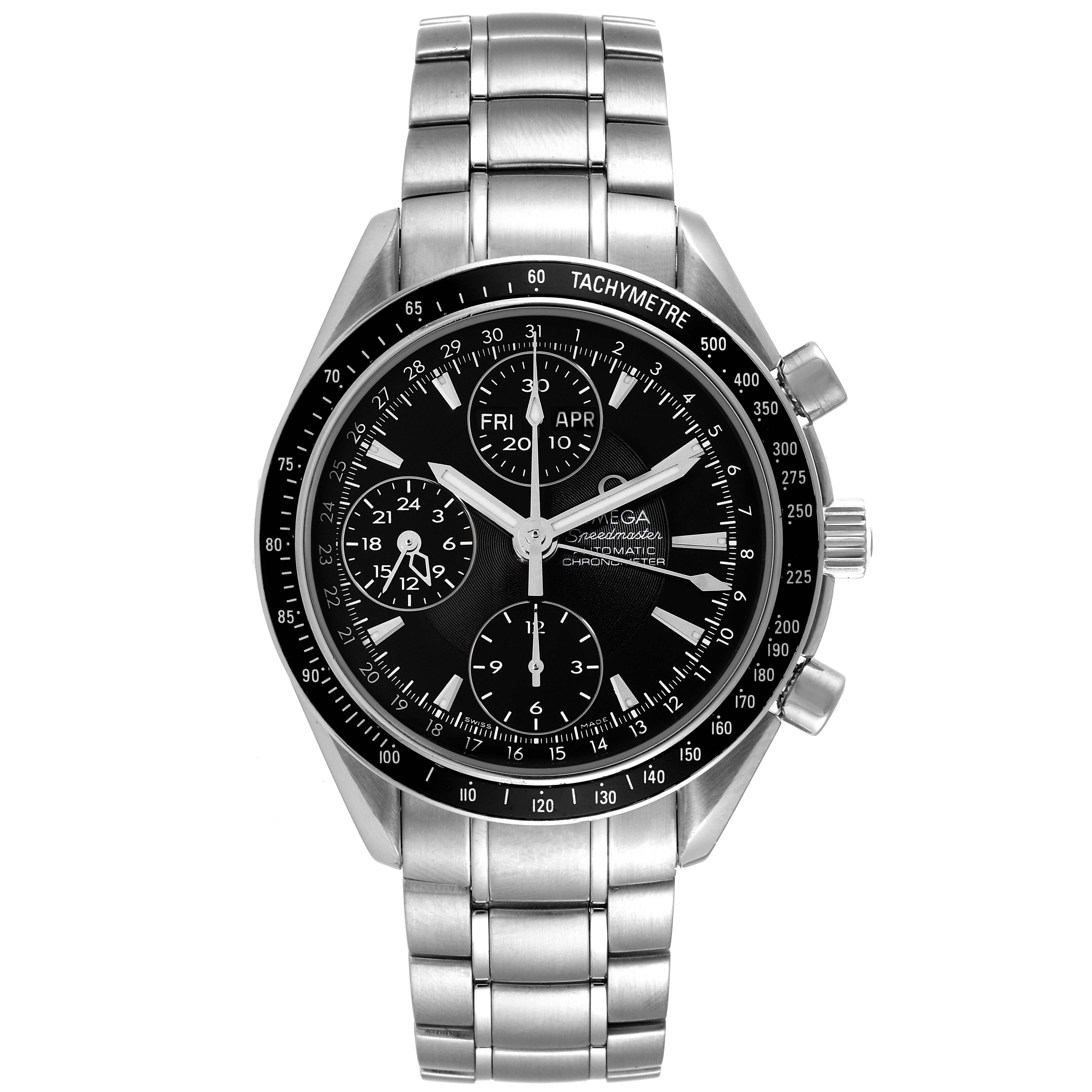 The image shows a front view of an Omega Speedmaster 3220.50.00 Men's Stainless Steel Black Dial 3220.50.00 Men's Stainless Steel Black Dial watch with its tachymeter bezel and stainless steel bracelet.