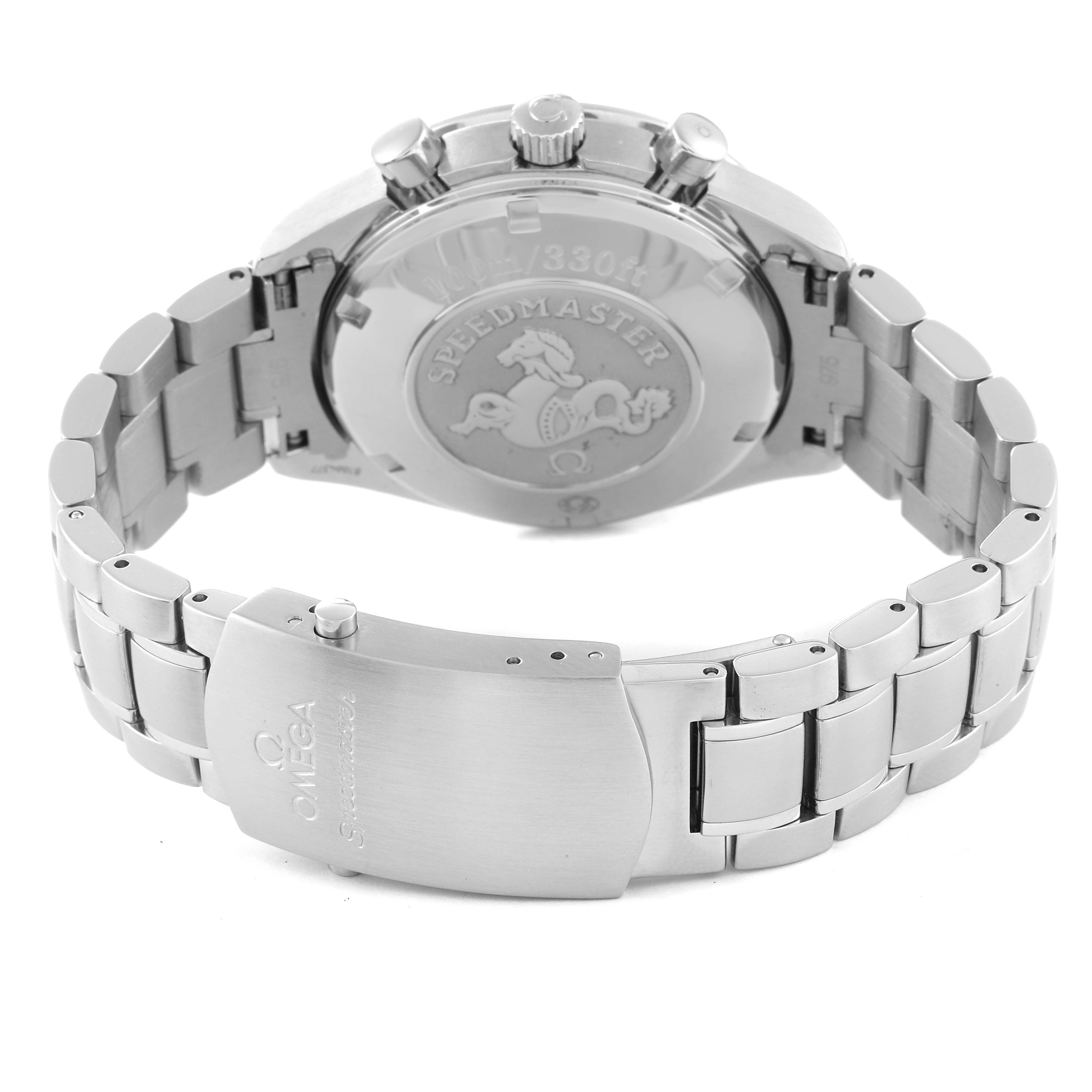 The image shows the back view of an Omega Speedmaster 3220.50.00 Men's Stainless Steel Black Dial 3220.50.00 Men's Stainless Steel Black Dial watch, highlighting the caseback, crown, pushers, and stainless steel bracelet.