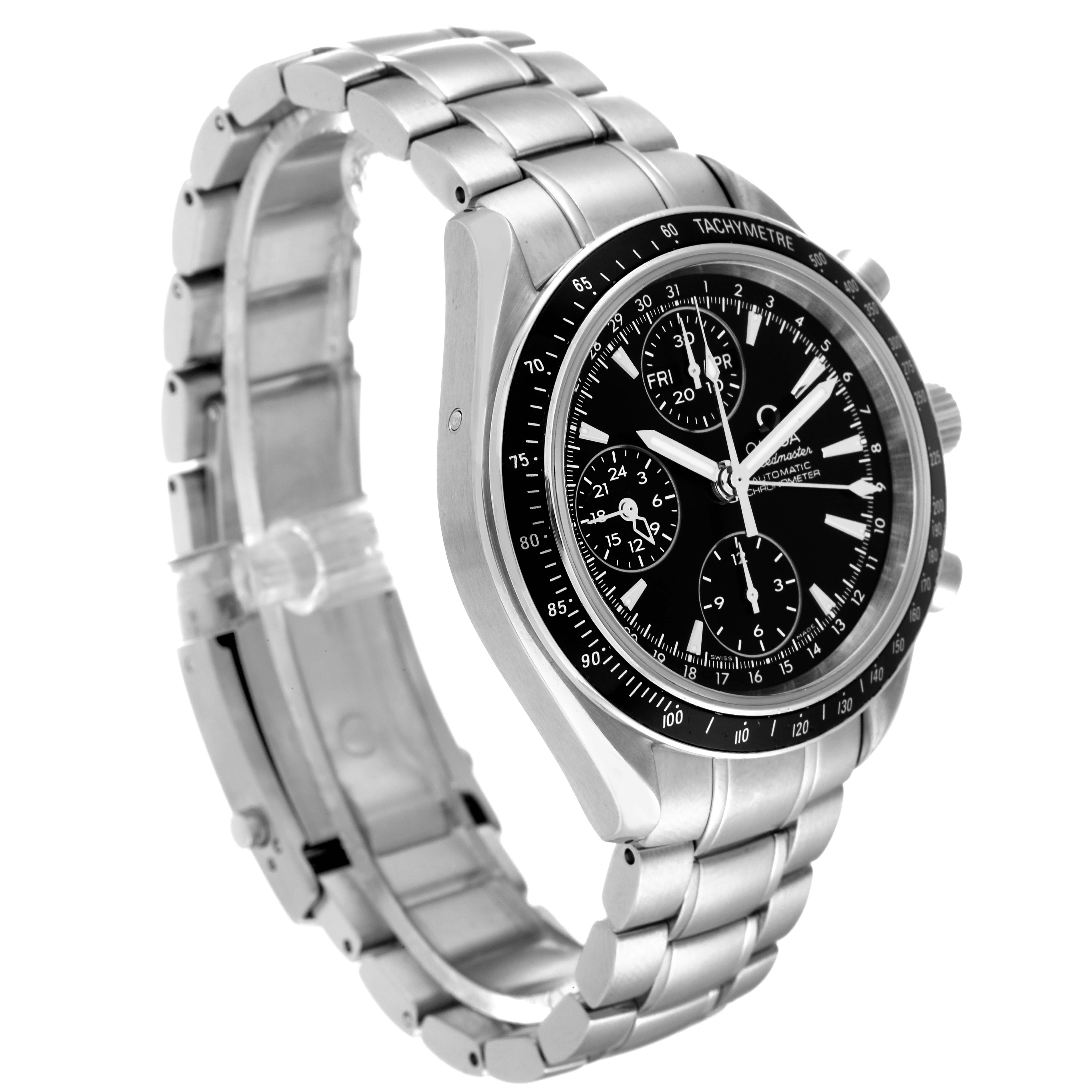 The image shows an Omega Speedmaster 3220.50.00 Men's Stainless Steel Black Dial 3220.50.00 Men's Stainless Steel Black Dial watch at a slight angle, highlighting its bracelet, bezel, and dial.