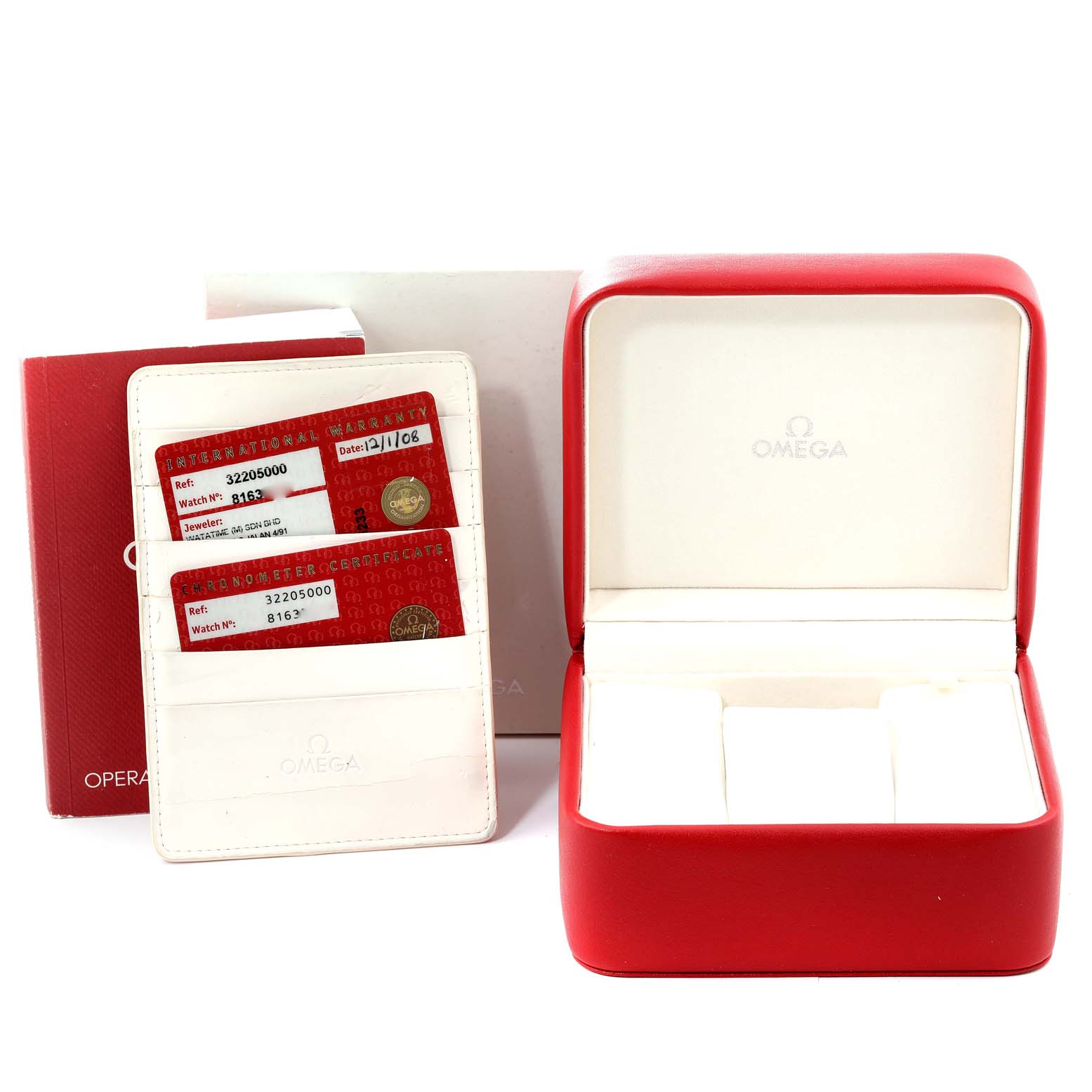 The image shows an Omega Speedmaster 3220.50.00 Men's Stainless Steel Black Dial 3220.50.00 Men's Stainless Steel Black Dial watch box, warranty cards, and an operating manual.