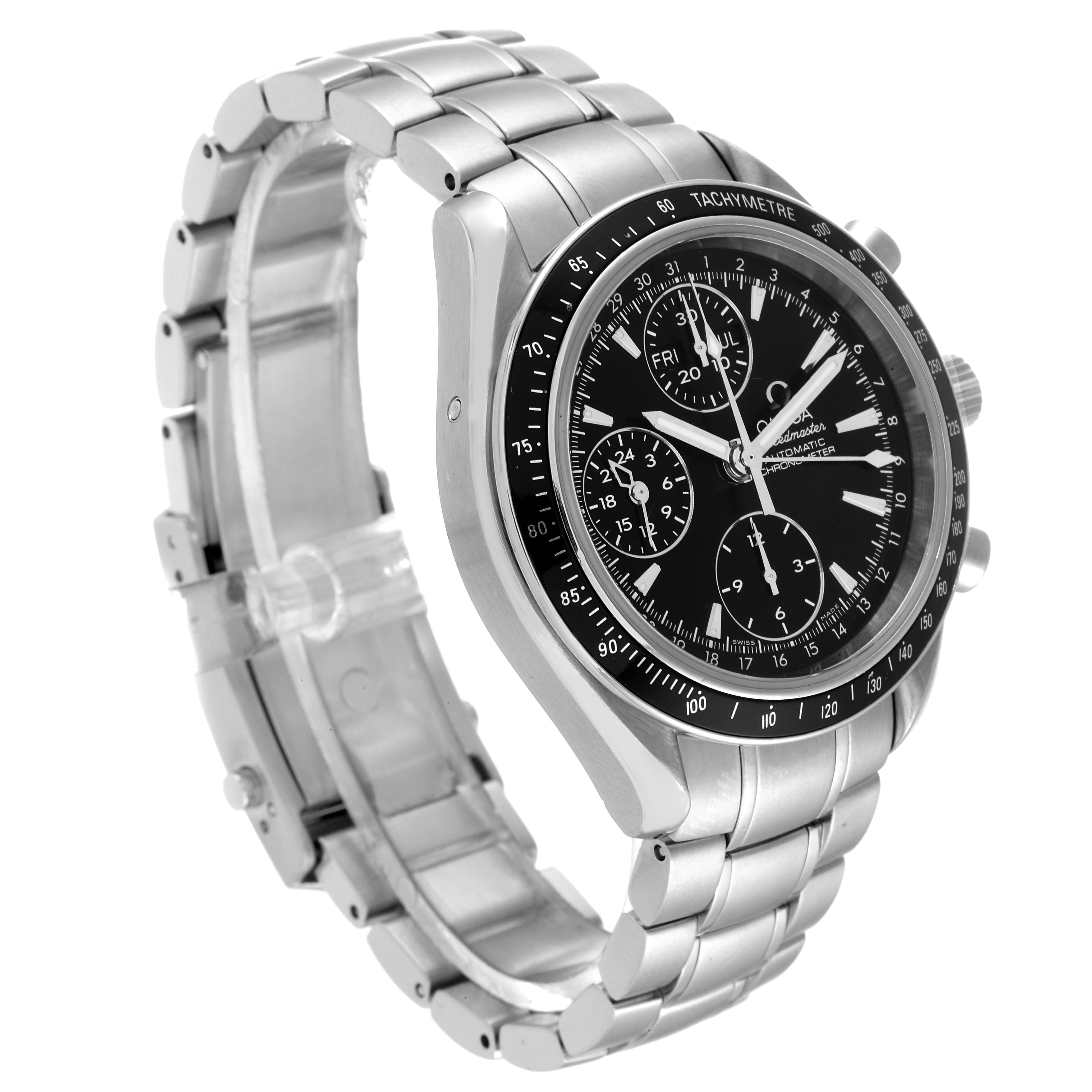 The Omega Speedmaster 3220.50.00 Men's Stainless Steel Black Dial 3220.50.00 Men's Stainless Steel Black Dial watch is shown at a slight angle from the front side, displaying the face, tachymetre, and metal bracelet.