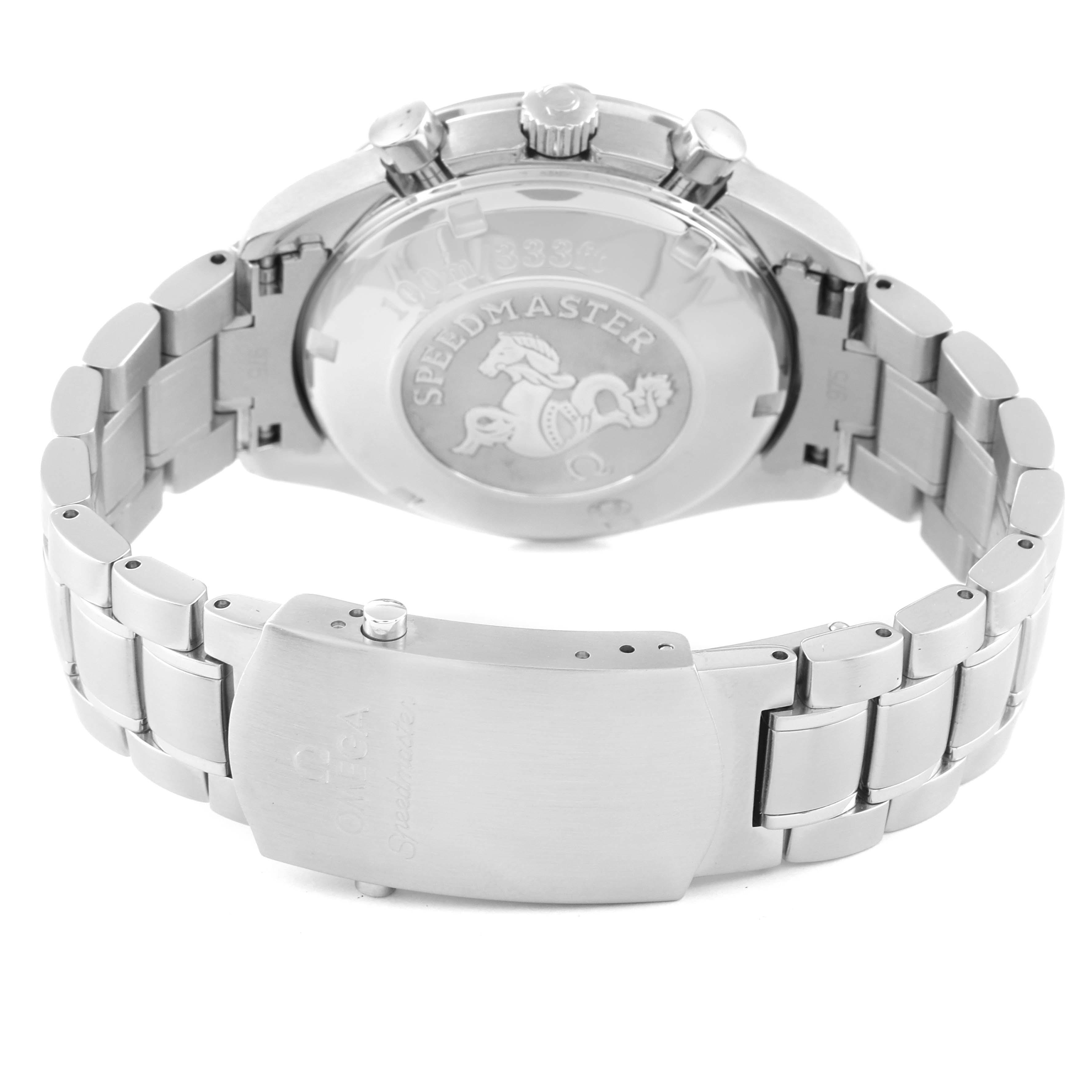 The image shows the back case and bracelet of an Omega Speedmaster 3220.50.00 Men's Stainless Steel Black Dial 3220.50.00 Men's Stainless Steel Black Dial watch with its clasp and engraved emblem highlighted.