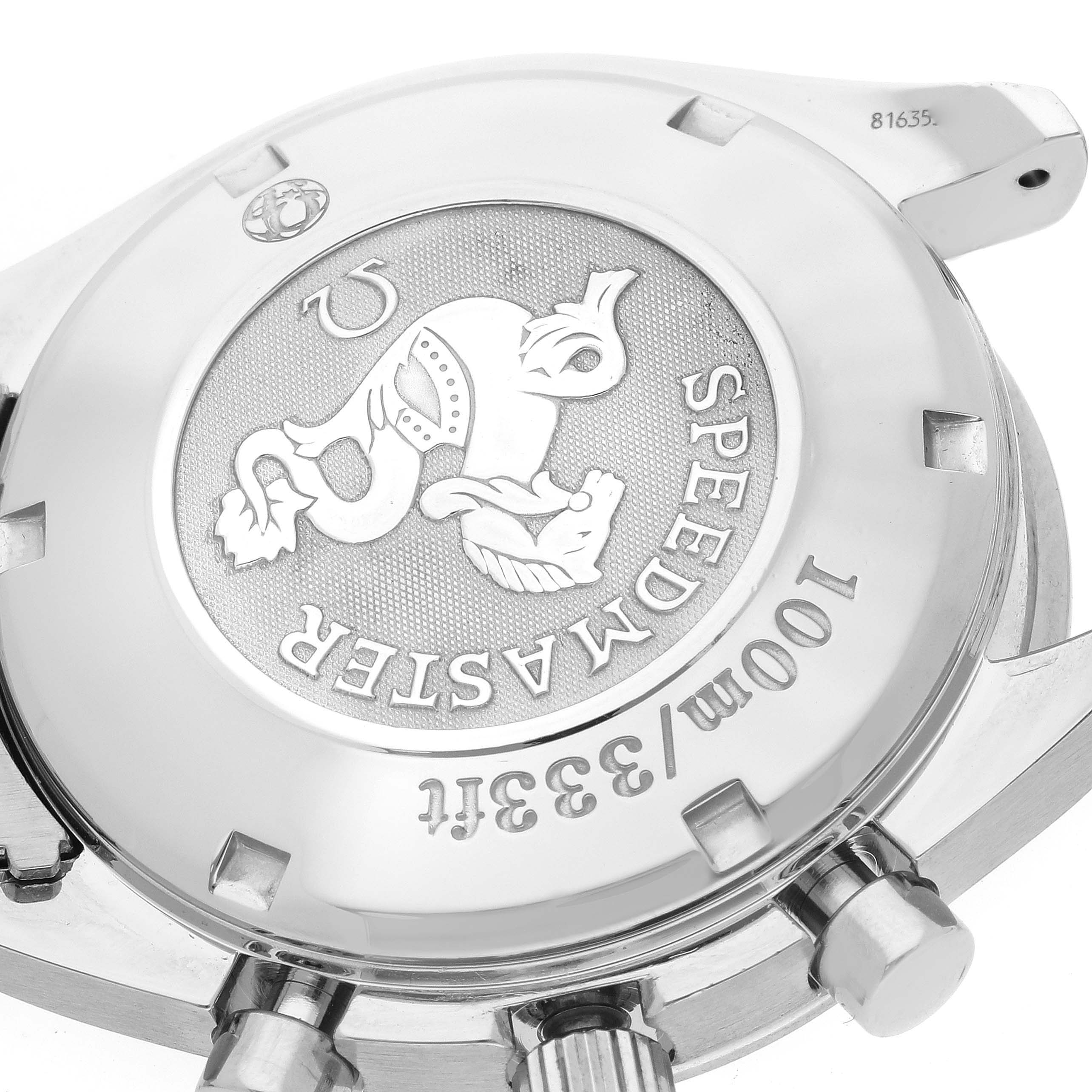 The image shows the case back of an Omega Speedmaster 3220.50.00 Men's Stainless Steel Black Dial 3220.50.00 Men's Stainless Steel Black Dial watch, showcasing the engraved emblem and model inscriptions.