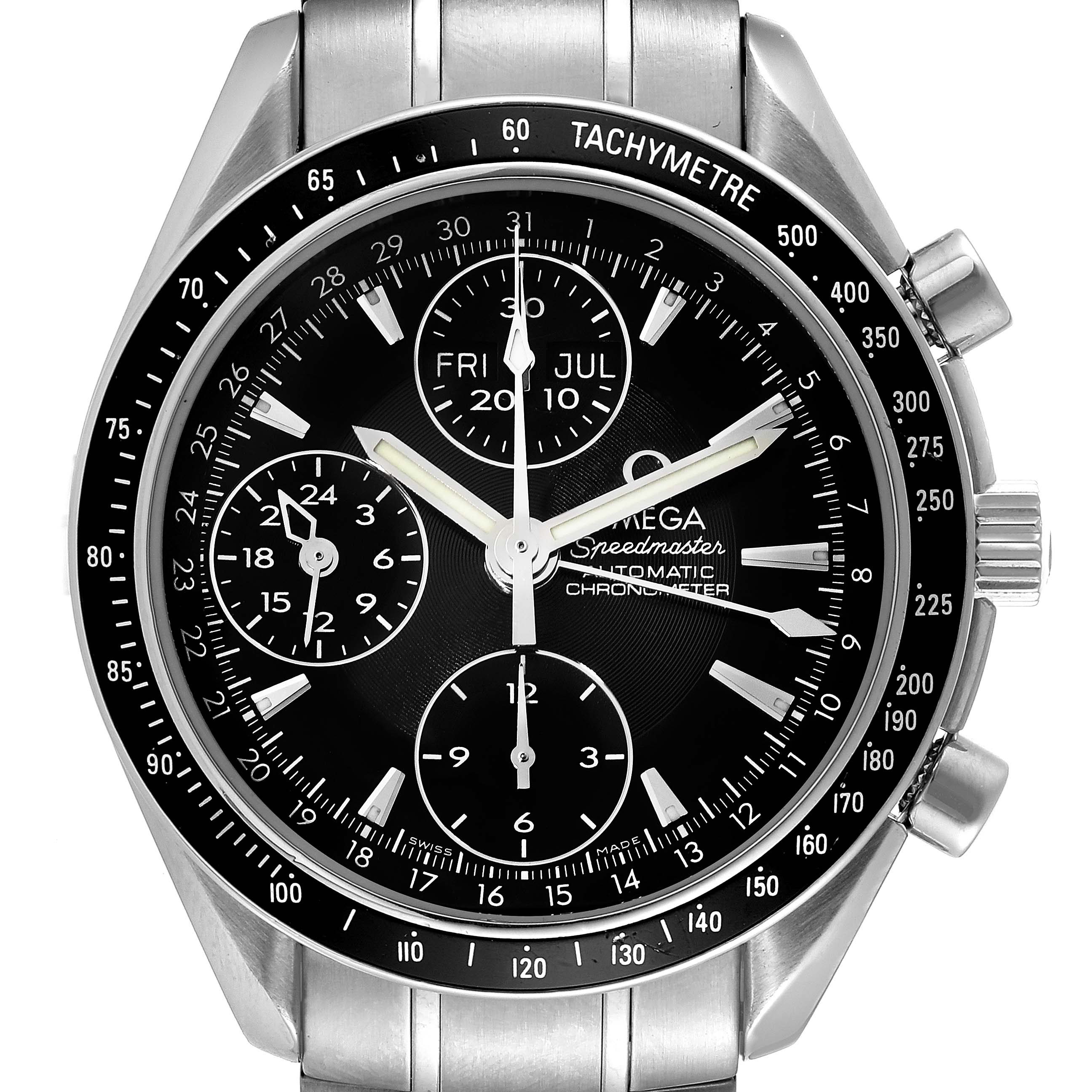 The image shows a front view of the Omega Speedmaster 3220.50.00 Men's Stainless Steel Black Dial 3220.50.00 Men's Stainless Steel Black Dial watch, displaying the dial, hands, subdials, tachymeter bezel, and part of the bracelet.