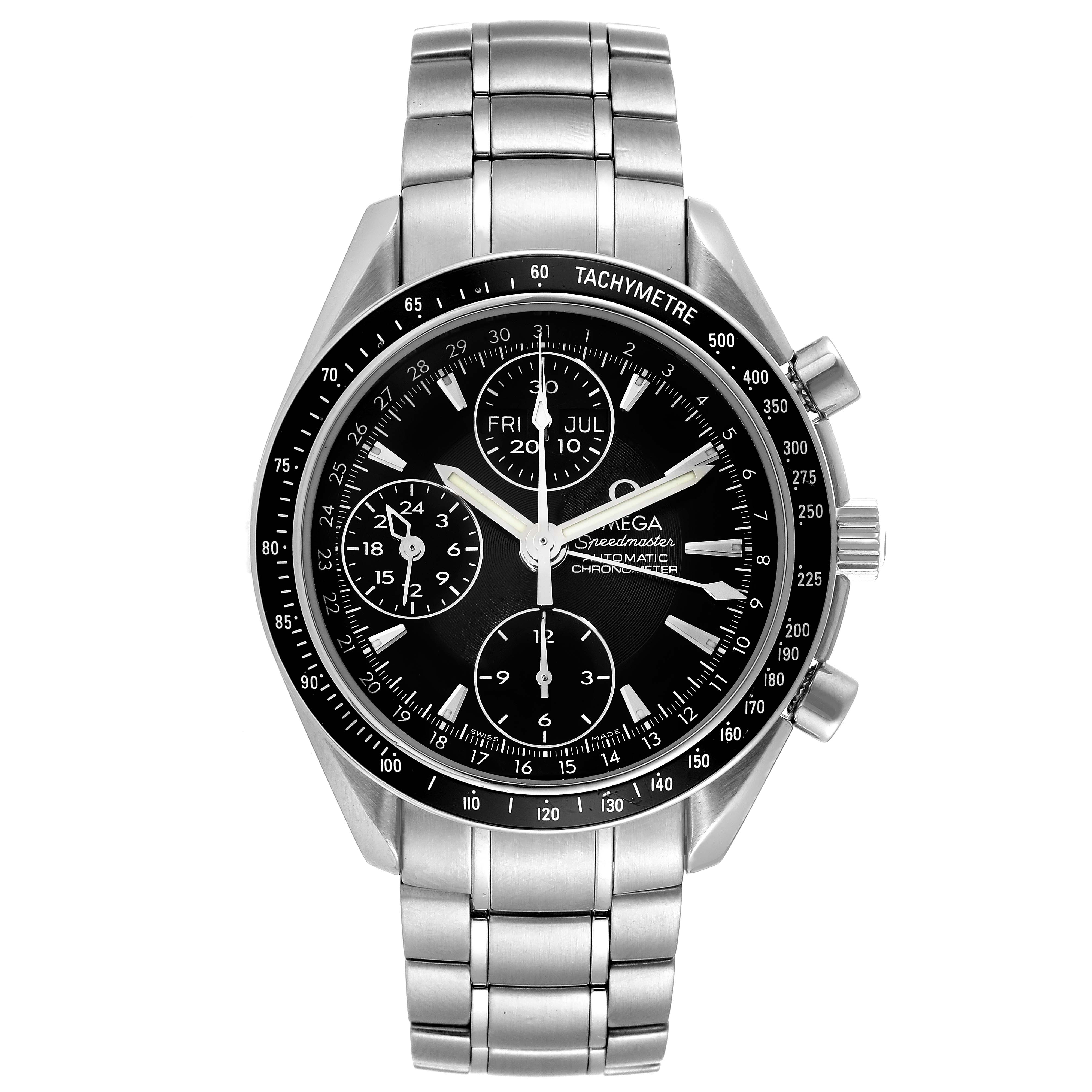The image shows a front view of the Omega Speedmaster 3220.50.00 Men's Stainless Steel Black Dial 3220.50.00 Men's Stainless Steel Black Dial watch, highlighting the dial, chronograph subdials, tachymeter bezel, and metal bracelet.
