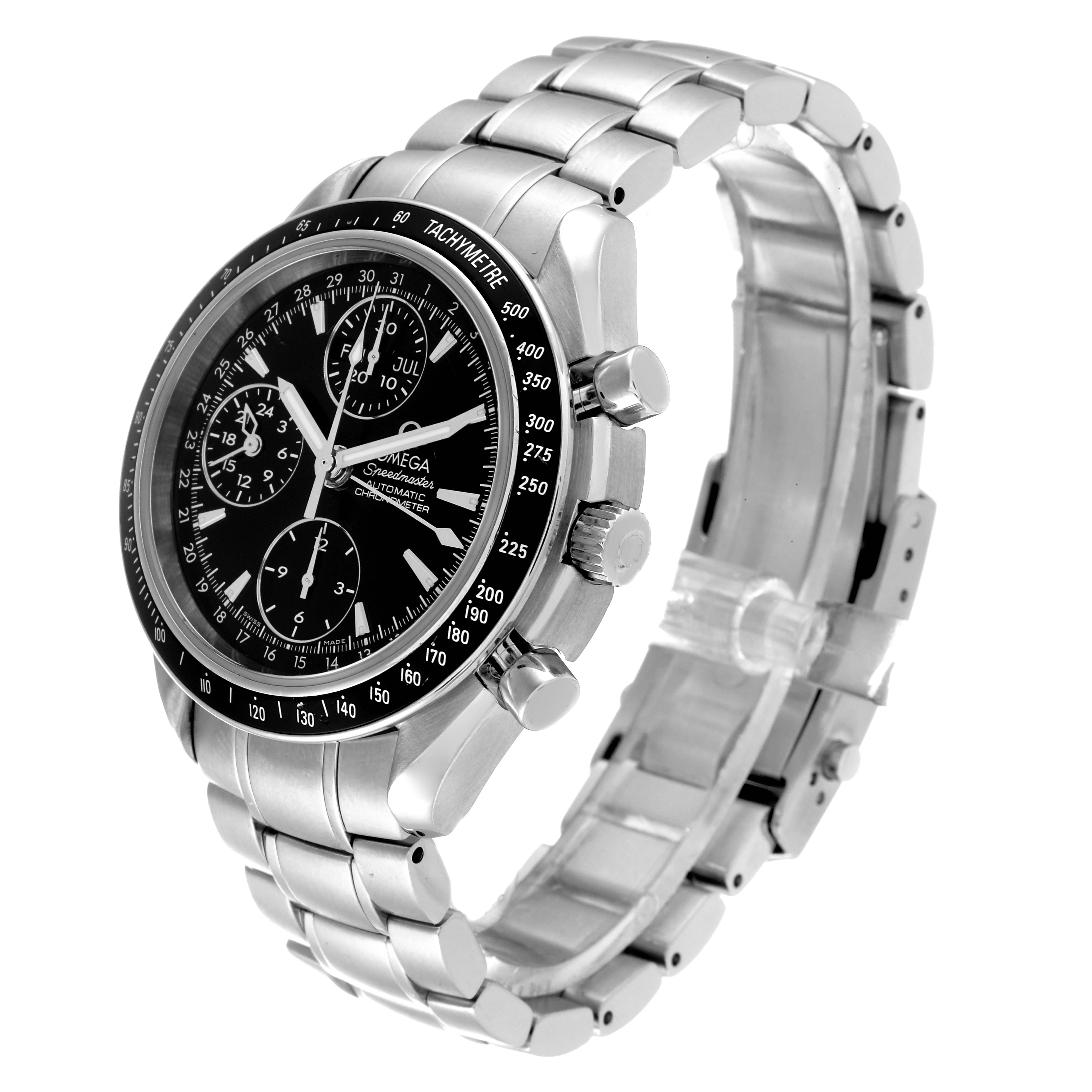 The image shows an Omega Speedmaster 3220.50.00 Men's Stainless Steel Black Dial 3220.50.00 Men's Stainless Steel Black Dial watch at an angled side view displaying its dial, bezel, pushers, and stainless steel bracelet.