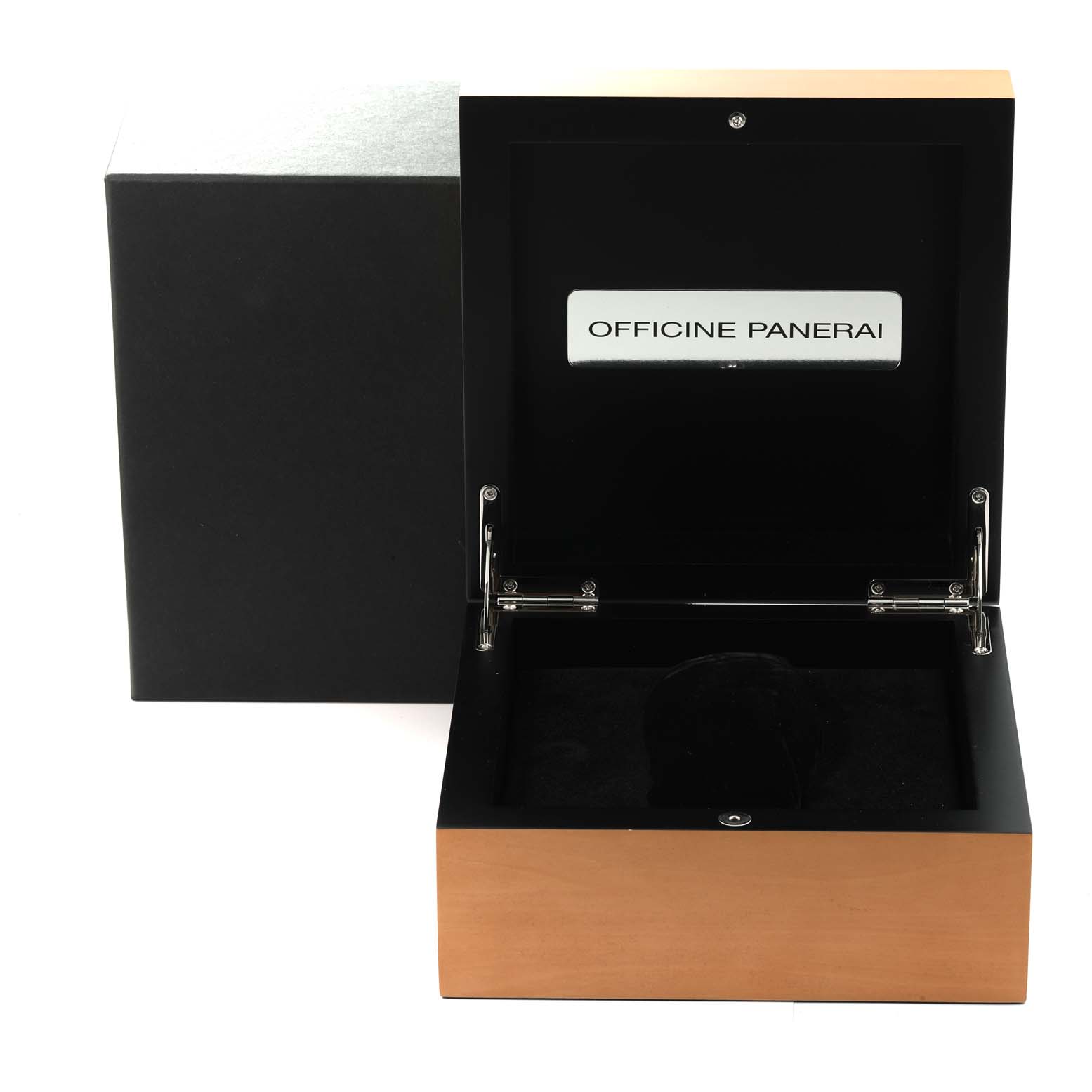 This image shows an open display case with "Officine Panerai" branding, likely for a Panerai Luminor PAM00629 Men's Titanium Black Dial PAM00629 Men's Titanium Black Dial model watch.