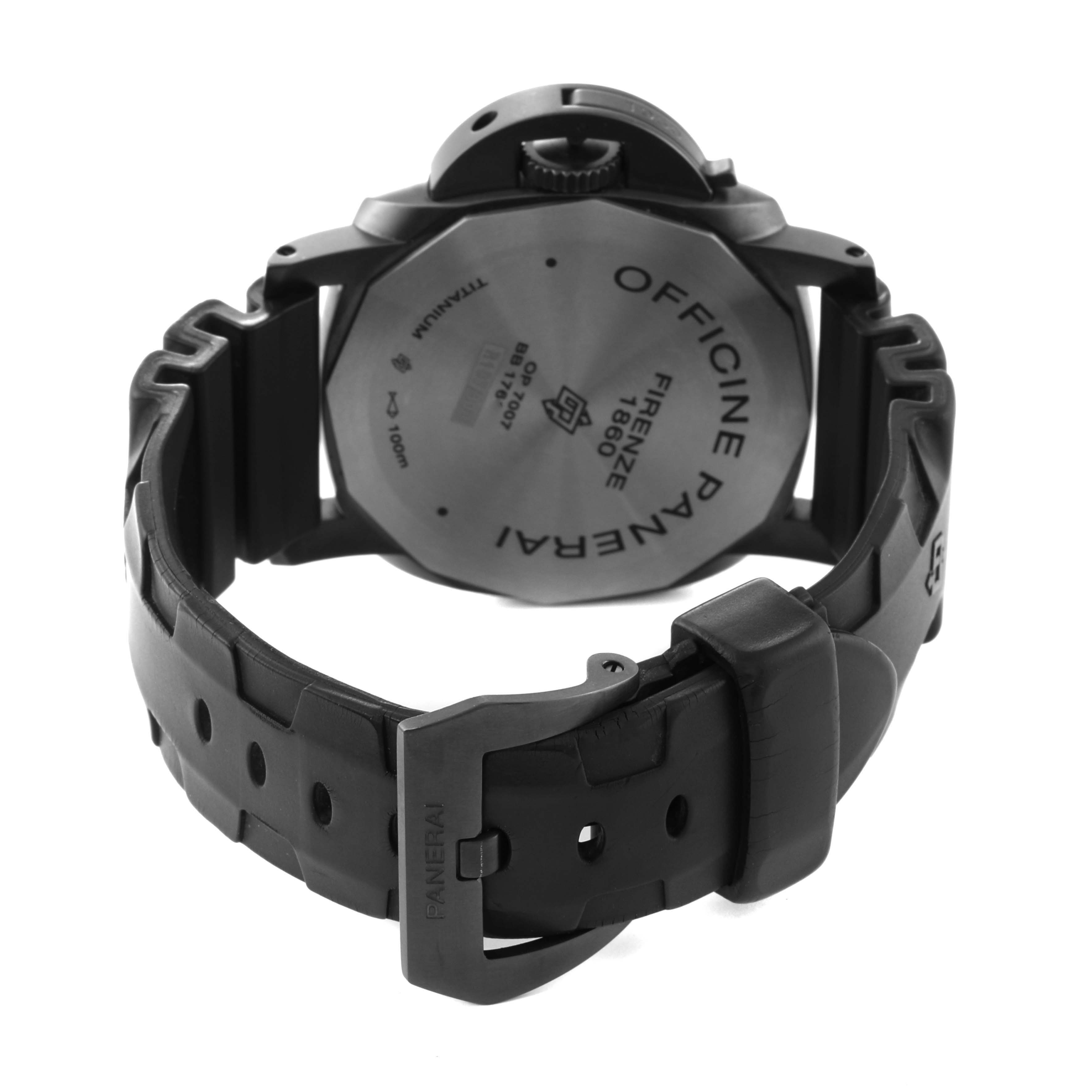 This image shows the back and strap of a Panerai Luminor PAM00629 Men's Titanium Black Dial PAM00629 Men's Titanium Black Dial watch, highlighting the back casing and clasp.