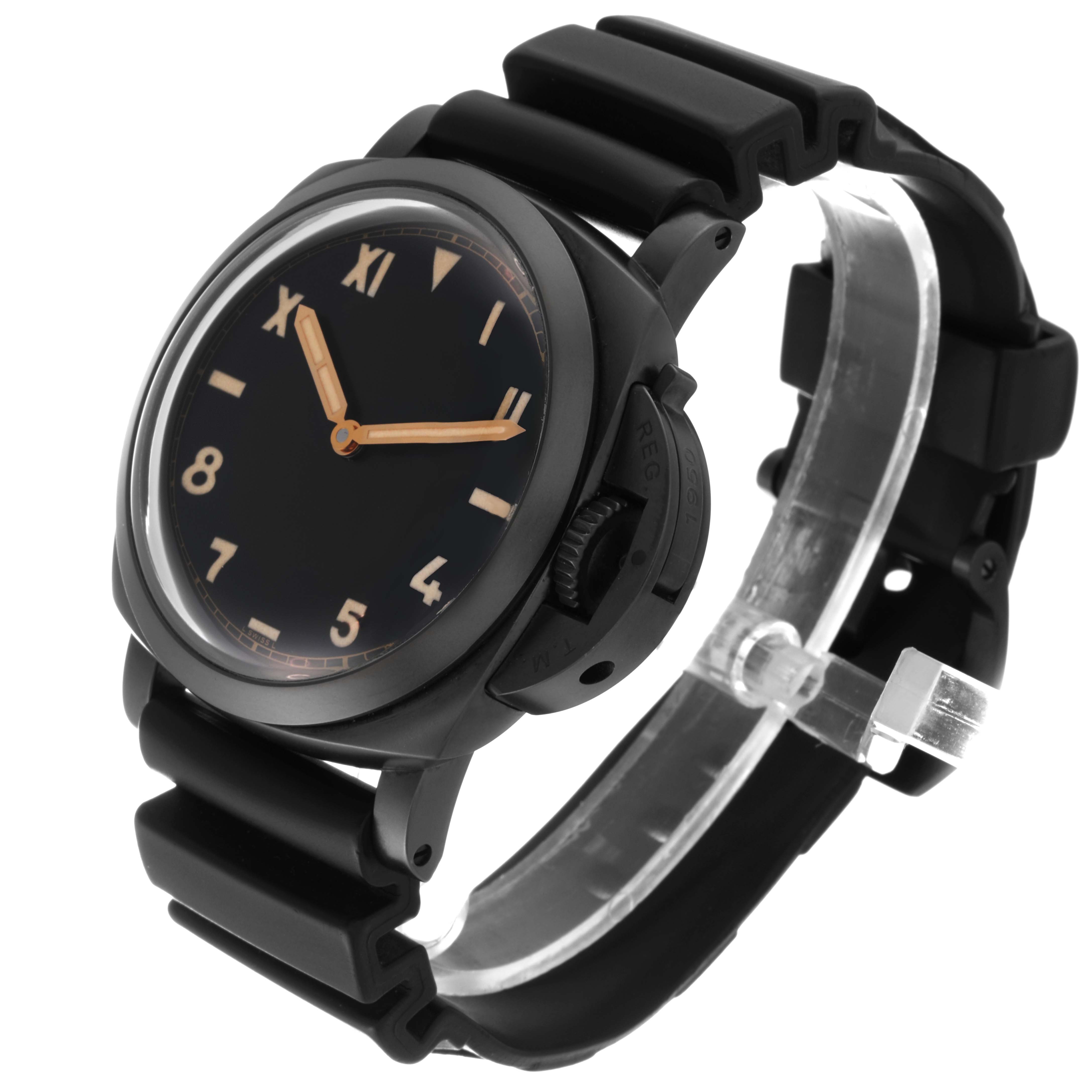 The image shows a Panerai Luminor PAM00629 Men's Titanium Black Dial PAM00629 Men's Titanium Black Dial watch at a 3/4 angle, highlighting the face, crown guard, and rubber strap.