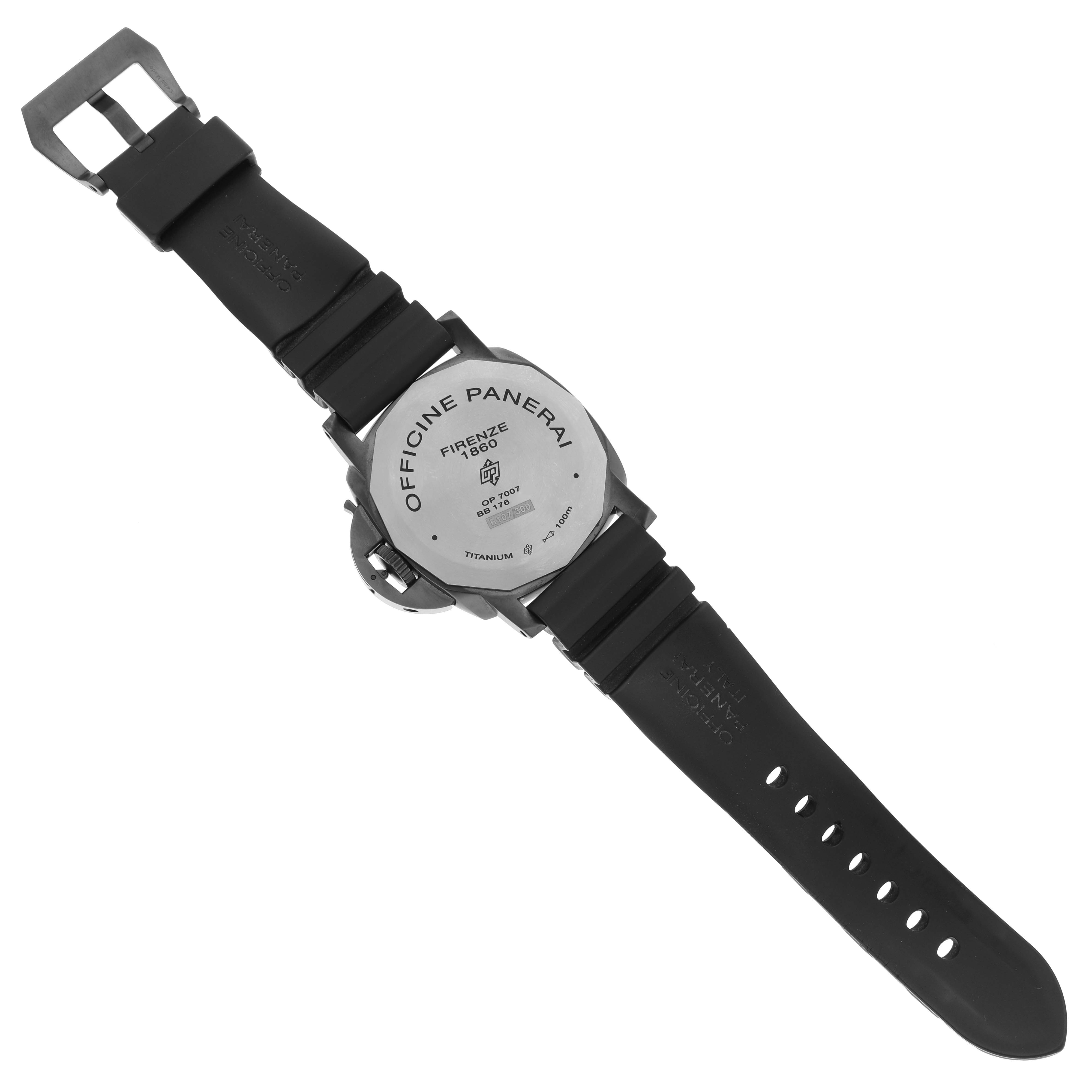 The image shows the back case and strap of a Panerai Luminor PAM00629 Men's Titanium Black Dial PAM00629 Men's Titanium Black Dial watch, highlighting its titanium case and buckle.