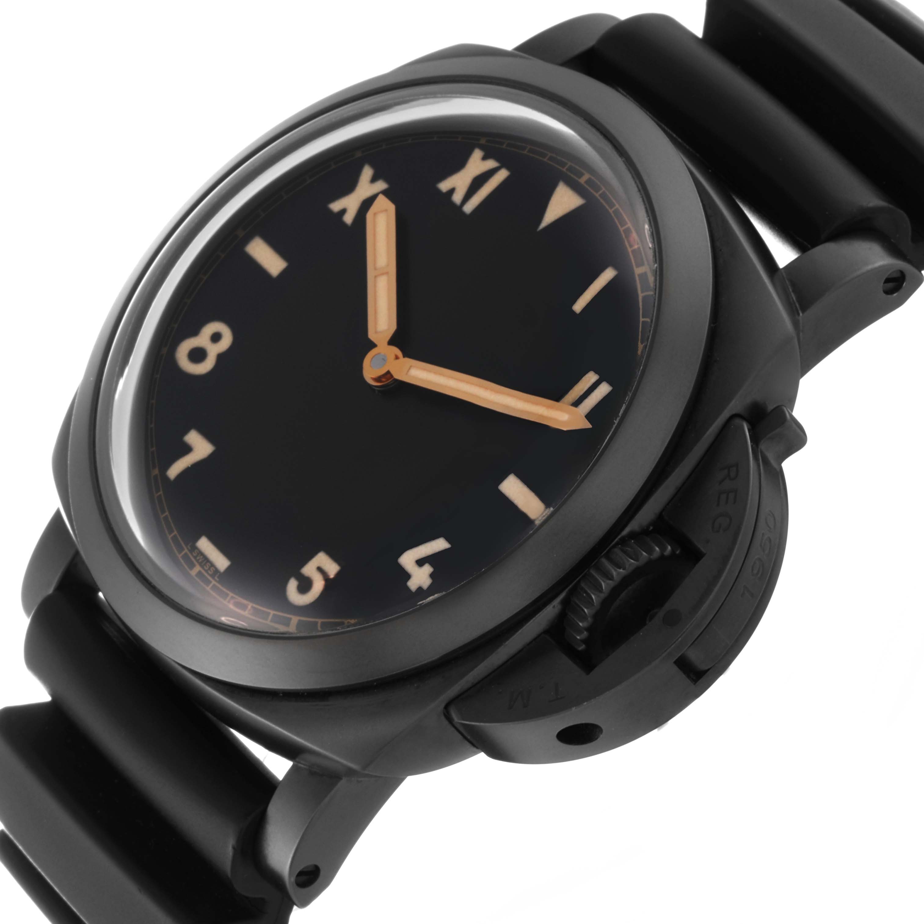 This image shows a close-up angle of a Panerai Luminor PAM00629 Men's Titanium Black Dial PAM00629 Men's Titanium Black Dial watch, highlighting the case, dial, and part of the strap.