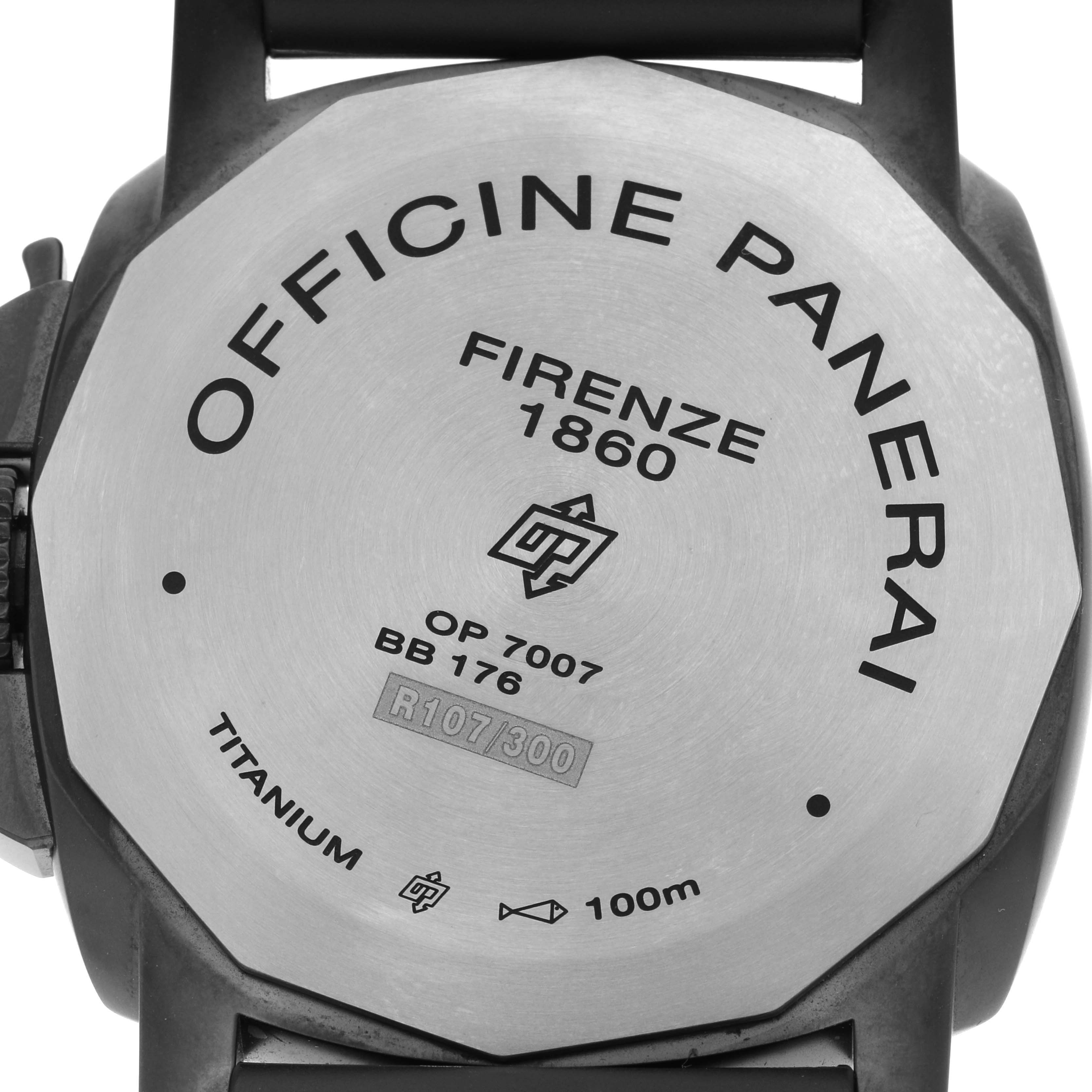 The image shows the case back of a Panerai Luminor PAM00629 Men's Titanium Black Dial PAM00629 Men's Titanium Black Dial watch, highlighting branding and specifications.